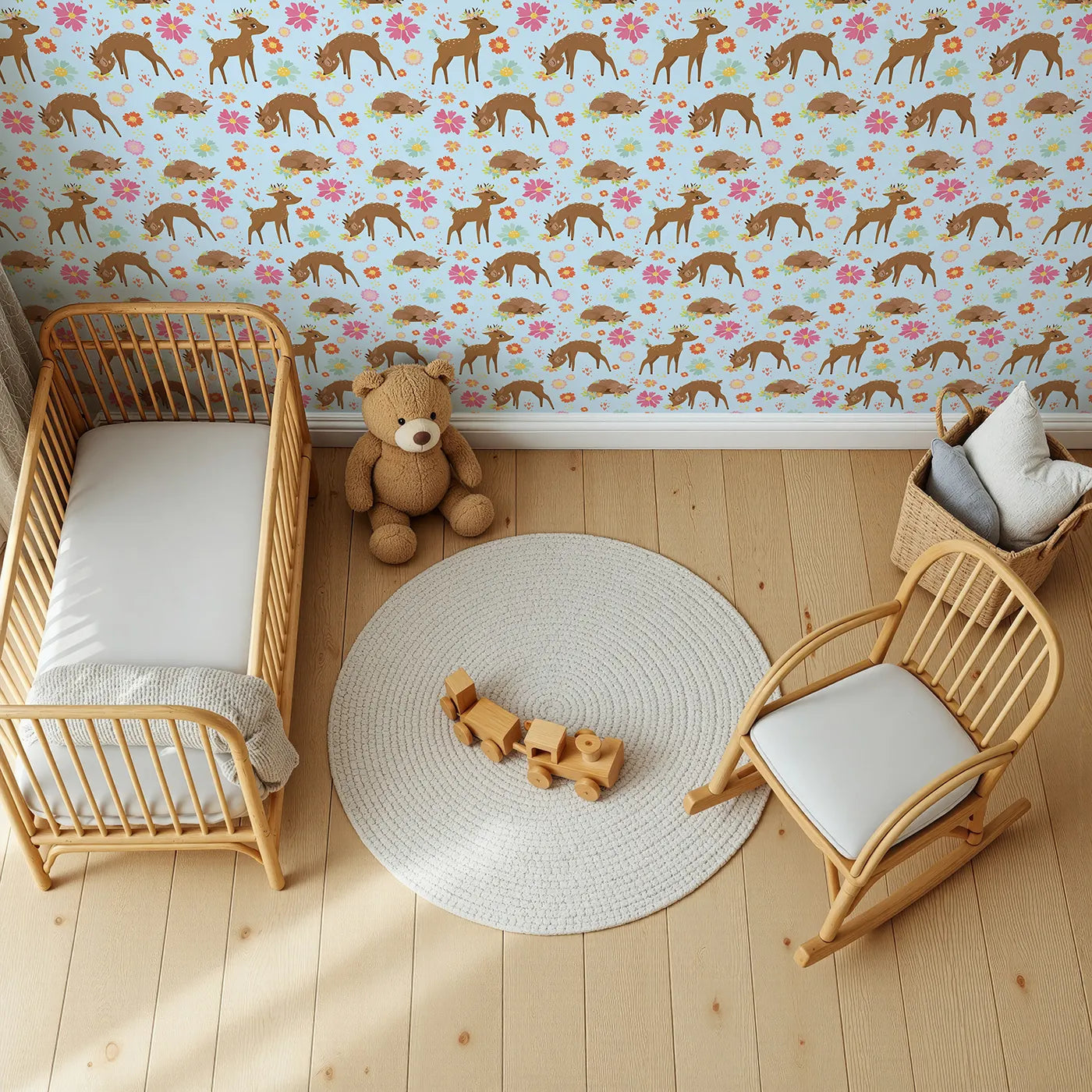 Top-Down view of Whimsy Tots' Blossom Meadow Deer Wallpaper in Blue (W3166E).Gentle fawns and colorful flowers bloom under a soft blue sky.