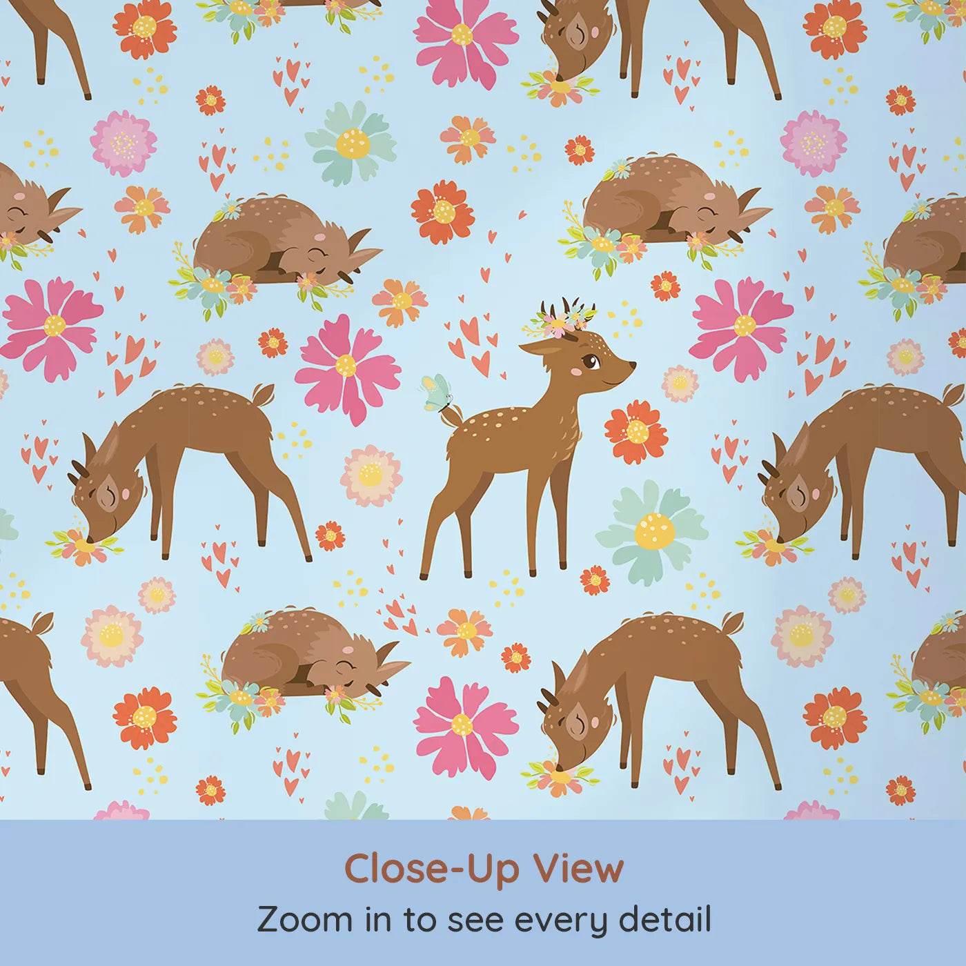 Close-up view of Whimsy Tots' Blossom Meadow Deer Wallpaper in Blue (W3166E).Gentle fawns and colorful flowers bloom under a soft blue sky.