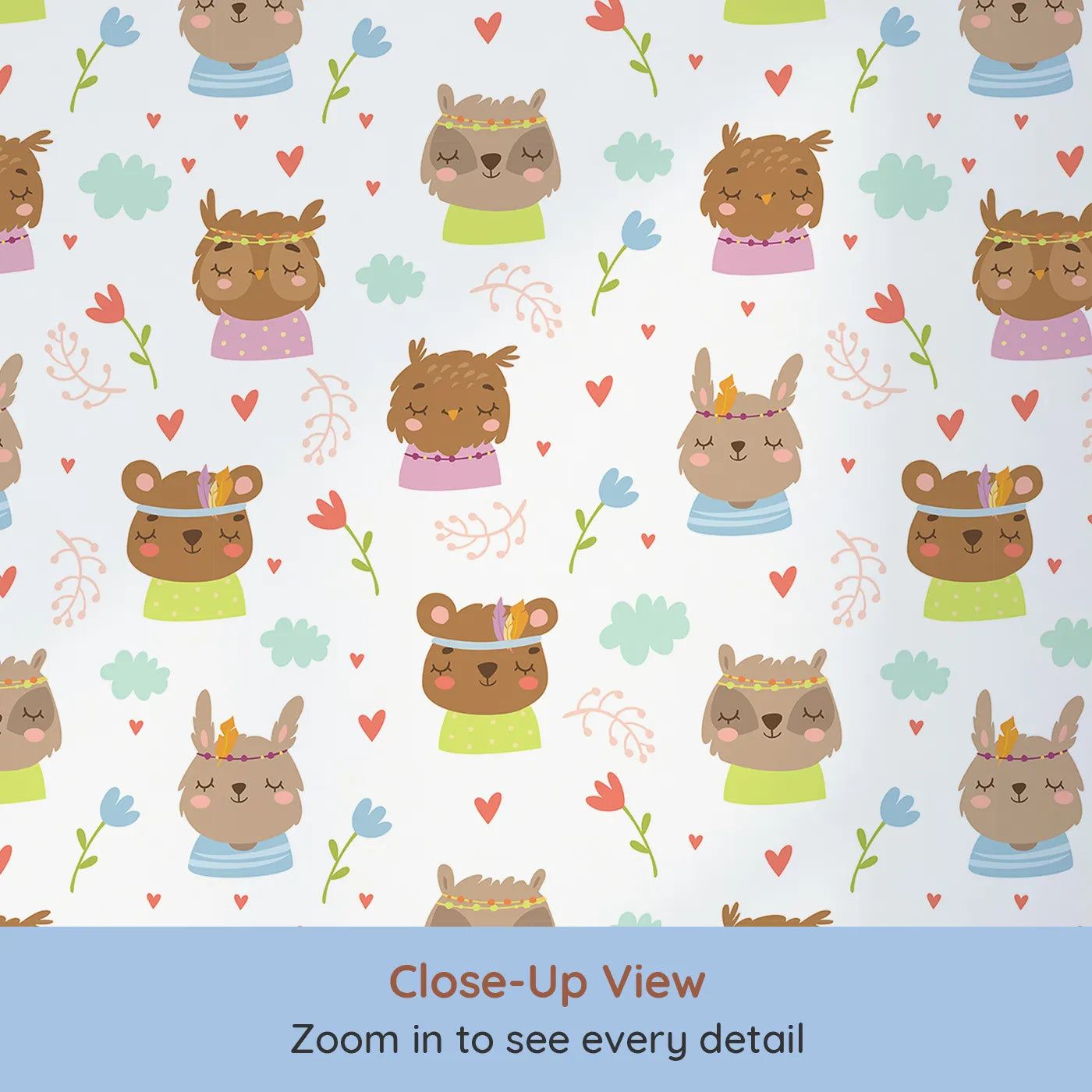 Close-up view of Whimsy Tots' Heart Bloom Critters Wallpaper in White (W3167A).Sweet animals, hearts and blooms share gentle smiles.