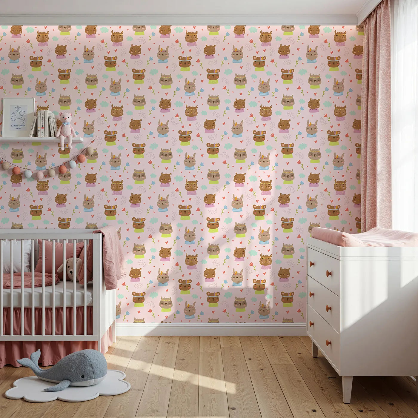 Front view of Whimsy Tots' Heart Bloom Critters Wallpaper in Blush Pink