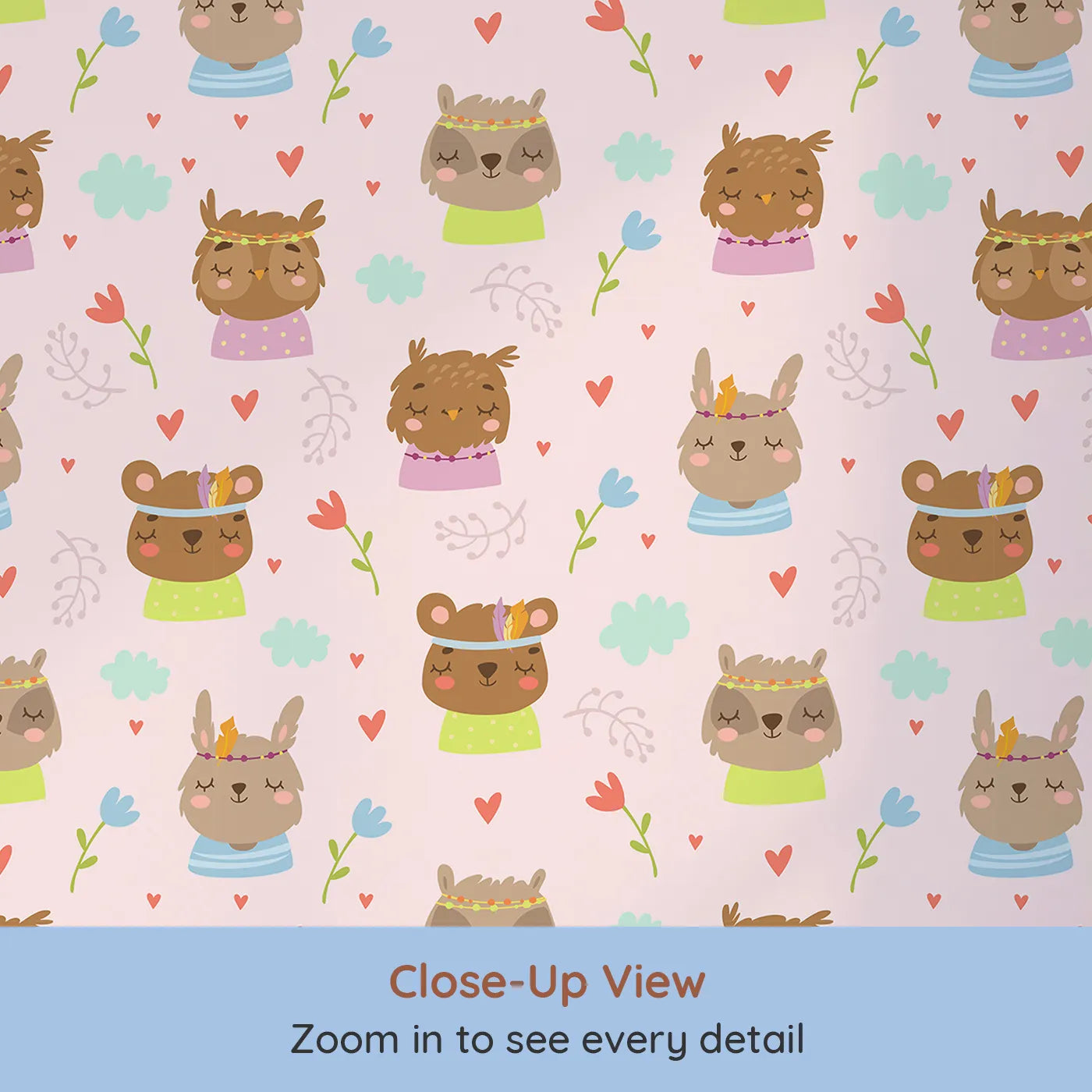 Close-up view of Whimsy Tots' Heart Bloom Critters Wallpaper in Blush Pink (W3167B).Sweet animals, hearts and blooms share gentle smiles.