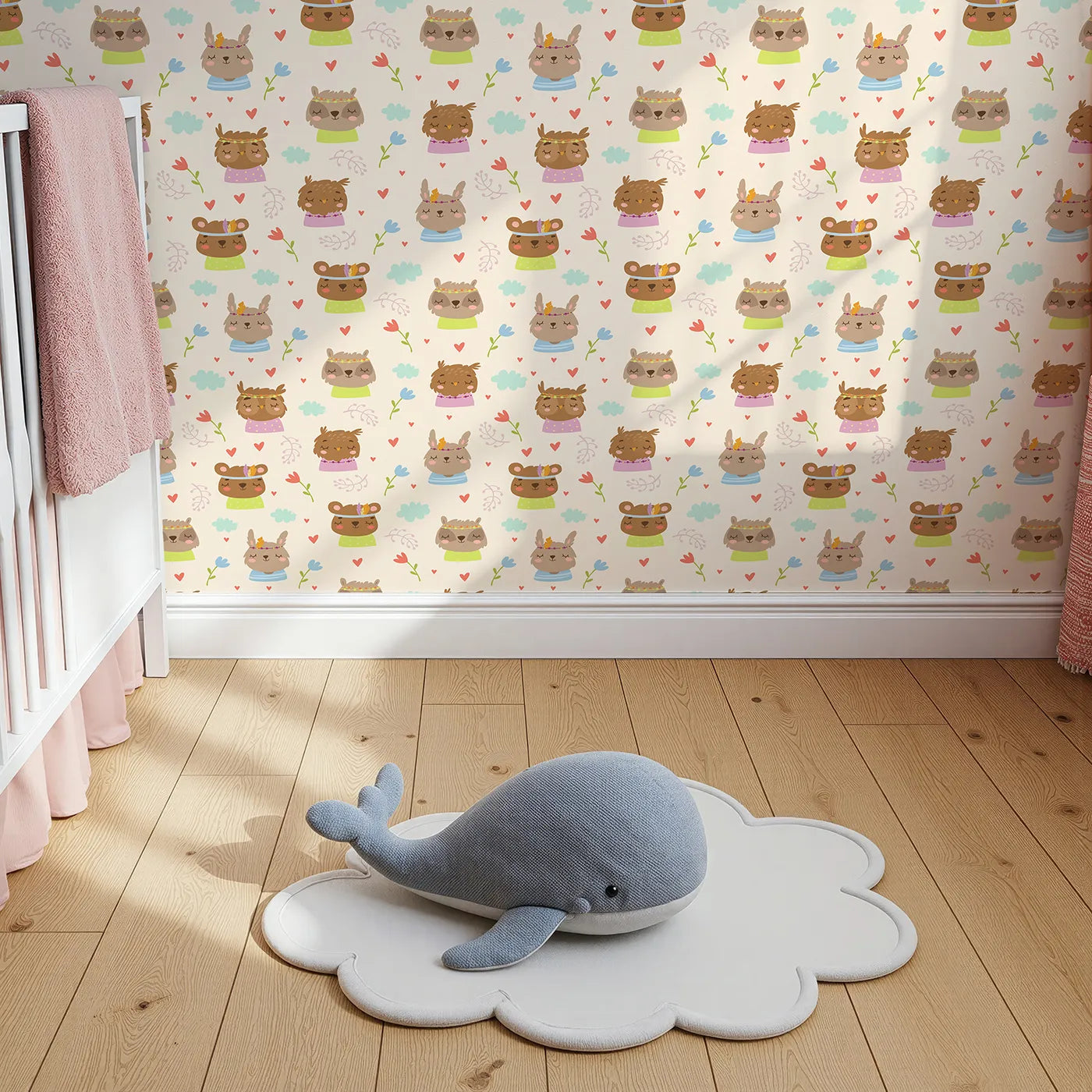 Top-Down view of Whimsy Tots' Heart Bloom Critters Wallpaper in Cream (W3167C).Sweet animals, hearts and blooms share gentle smiles.