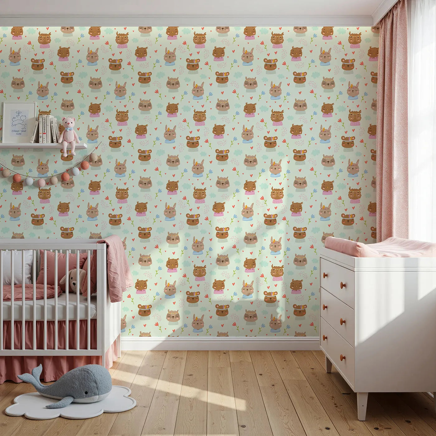 Front view of Whimsy Tots' Heart Bloom Critters Wallpaper in Mint Green