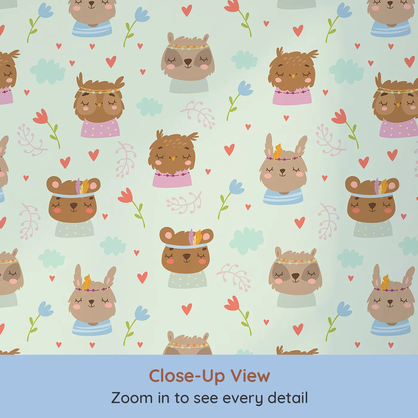 Close-up view of Whimsy Tots' Heart Bloom Critters Wallpaper in Mint Green (W3167D).Sweet animals, hearts and blooms share gentle smiles.