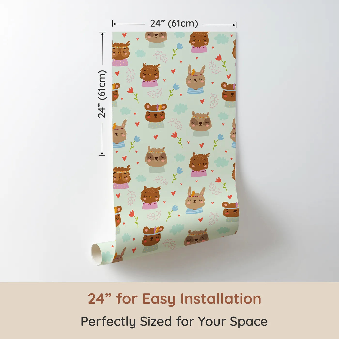 Dimension view of Whimsy Tots Heart Bloom Critters Wallpaper in Mint Green (W3167D). Printed in 24-inch-wide panel for easy installation. Sweet animals, hearts and blooms share gentle smiles.