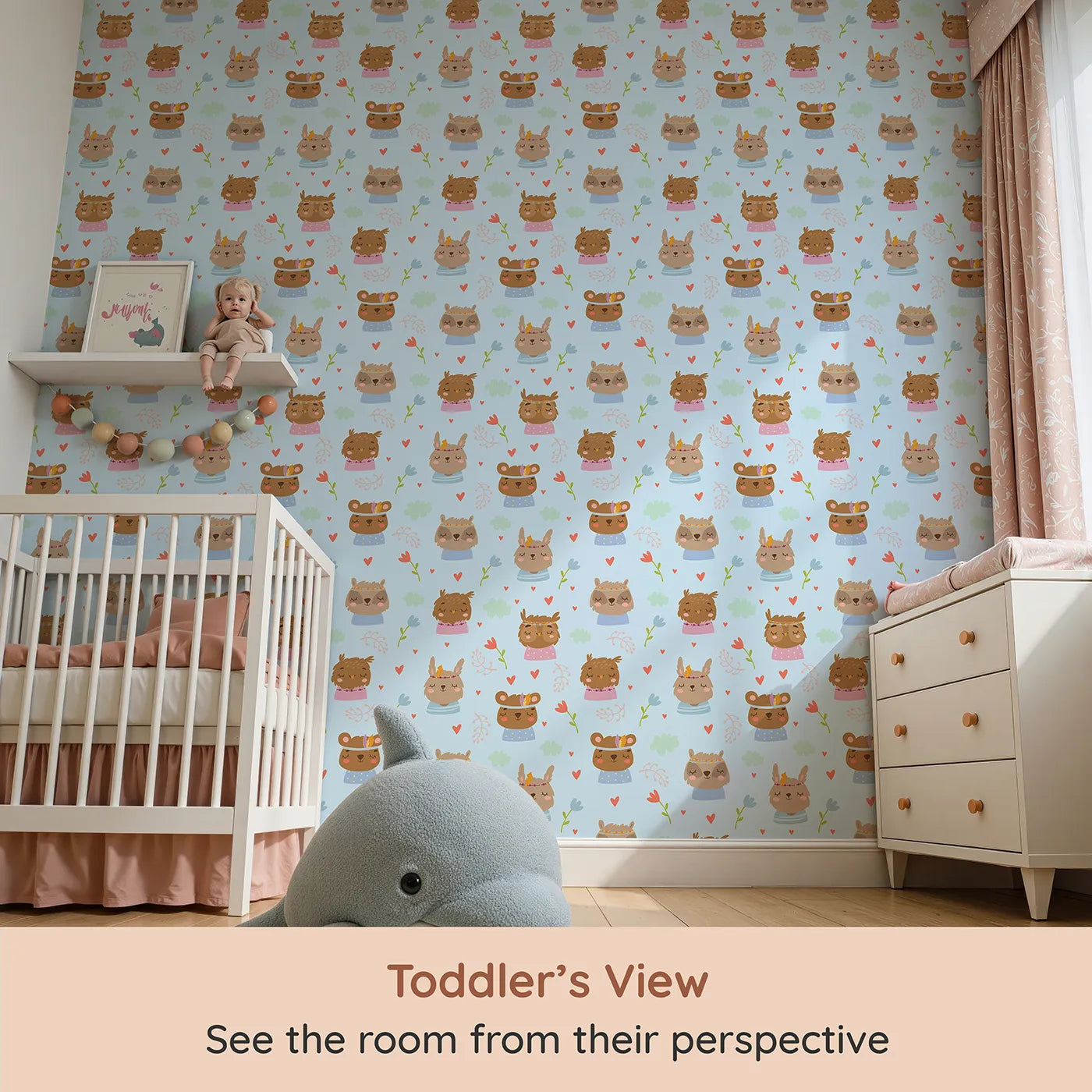 Whimsy Tots Heart Bloom Critters Wallpaper in Blue (W3167E) from your child's view.Sweet animals, hearts and blooms share gentle smiles.