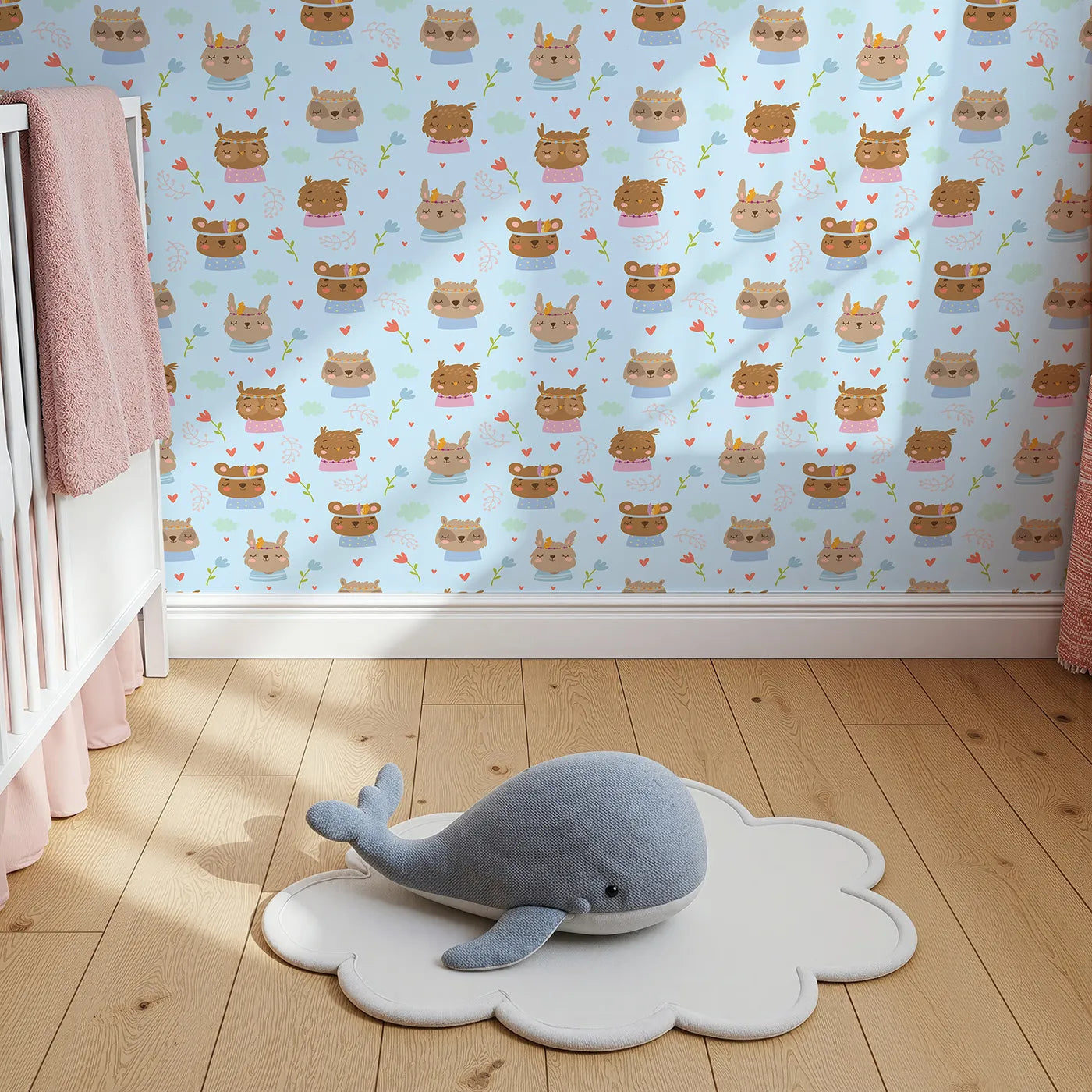 Top-Down view of Whimsy Tots' Heart Bloom Critters Wallpaper in Blue (W3167E).Sweet animals, hearts and blooms share gentle smiles.