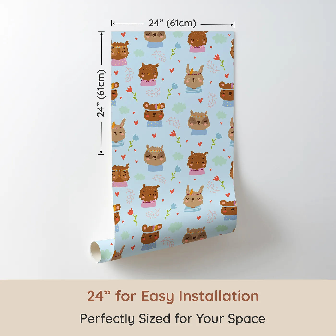 Dimension view of Whimsy Tots Heart Bloom Critters Wallpaper in Blue (W3167E). Printed in 24-inch-wide panel for easy installation. Sweet animals, hearts and blooms share gentle smiles.