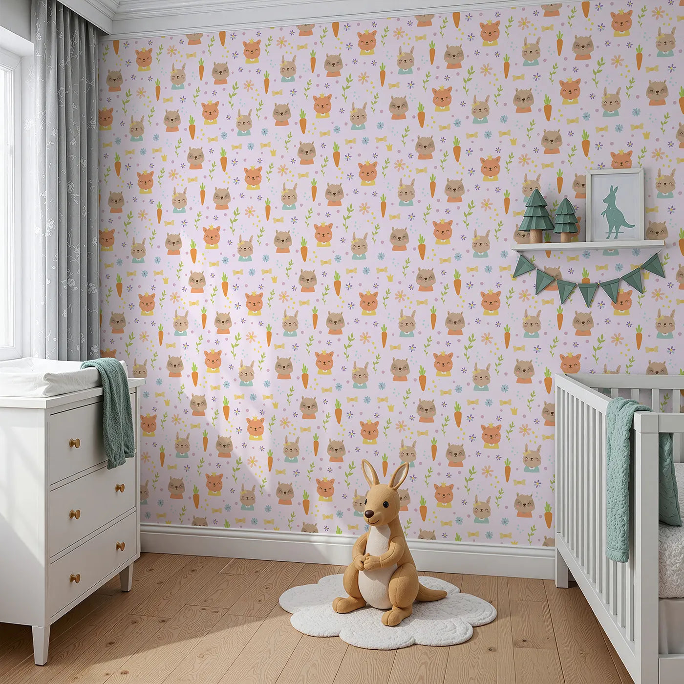 Angled view of Whimsy Tots' Meadow Crown Friends Wallpaper in Blush Pink (W3168A).Happy animals bloom with kindness, carrots, and tiny crowns.