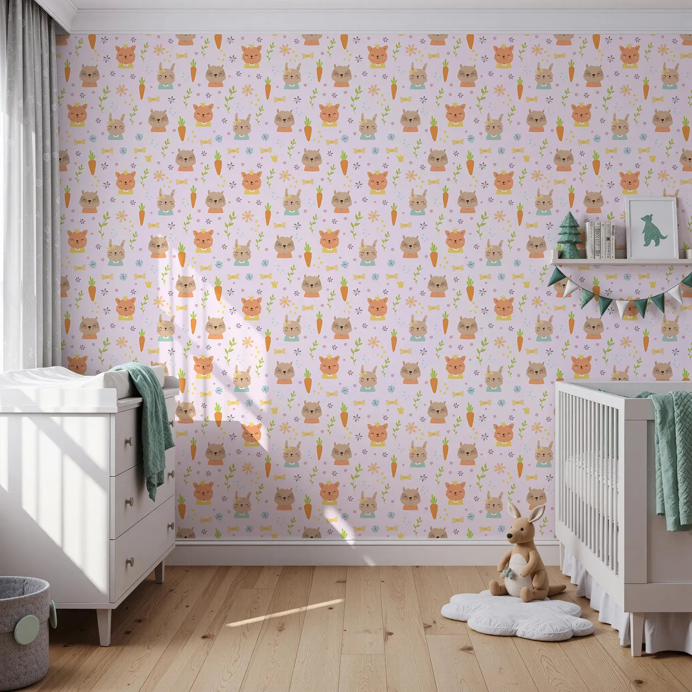 Front view of Whimsy Tots' Meadow Crown Friends Wallpaper in Blush Pink