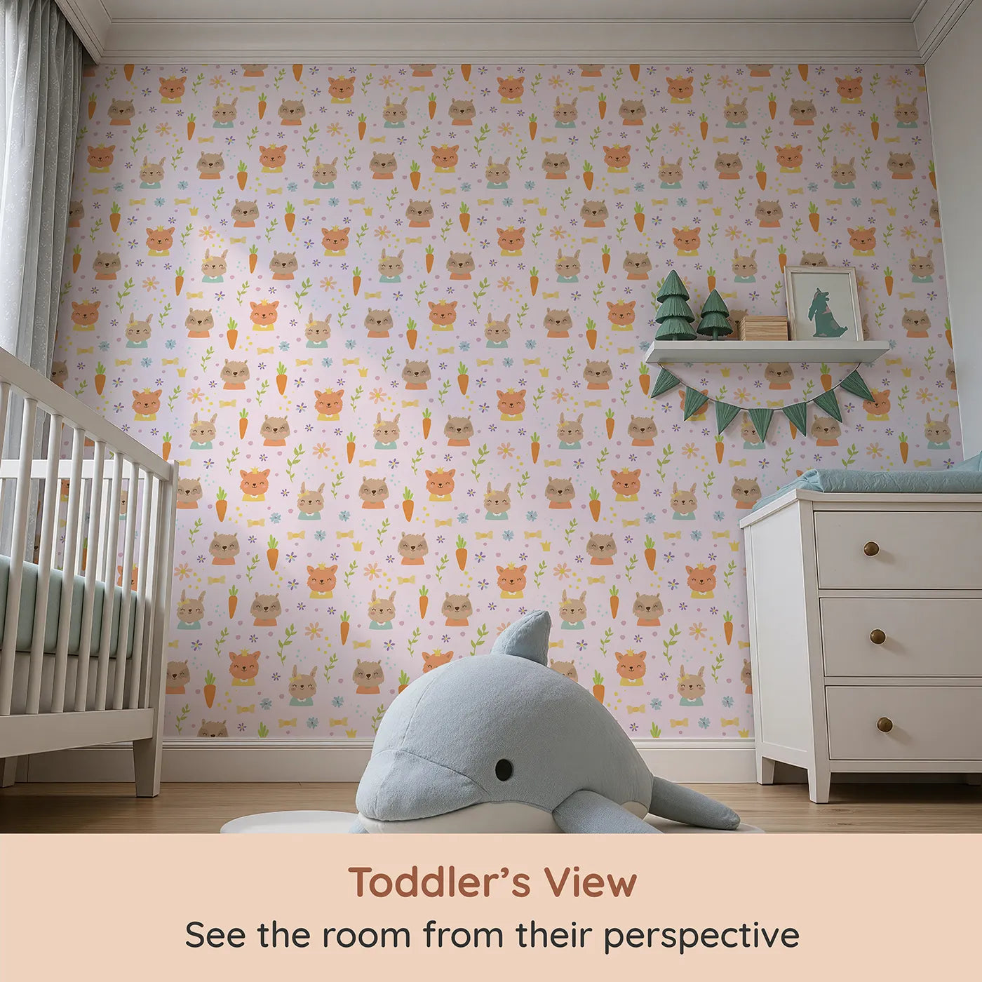 Whimsy Tots Meadow Crown Friends Wallpaper in Blush Pink (W3168A) from your child's view.Happy animals bloom with kindness, carrots, and tiny crowns.