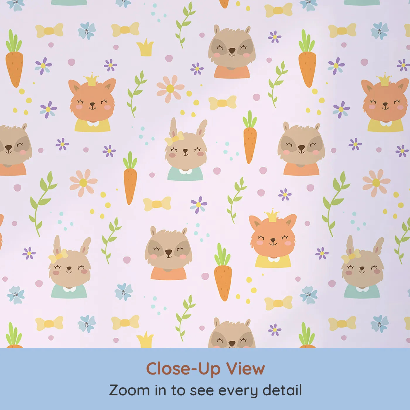 Close-up view of Whimsy Tots' Meadow Crown Friends Wallpaper in Blush Pink (W3168A).Happy animals bloom with kindness, carrots, and tiny crowns.
