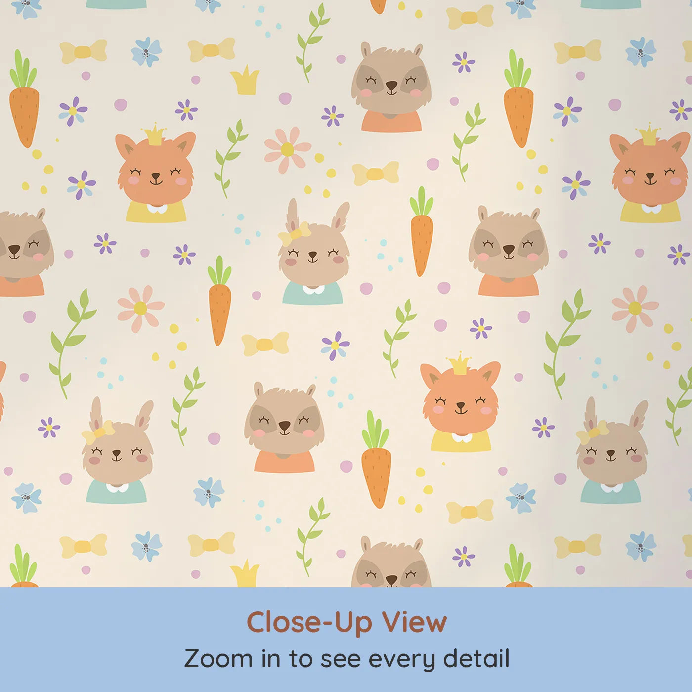 Close-up view of Whimsy Tots' Meadow Crown Friends Wallpaper in Cream (W3168B).Crowned critters and carrots bloom across a cozy cream meadow.