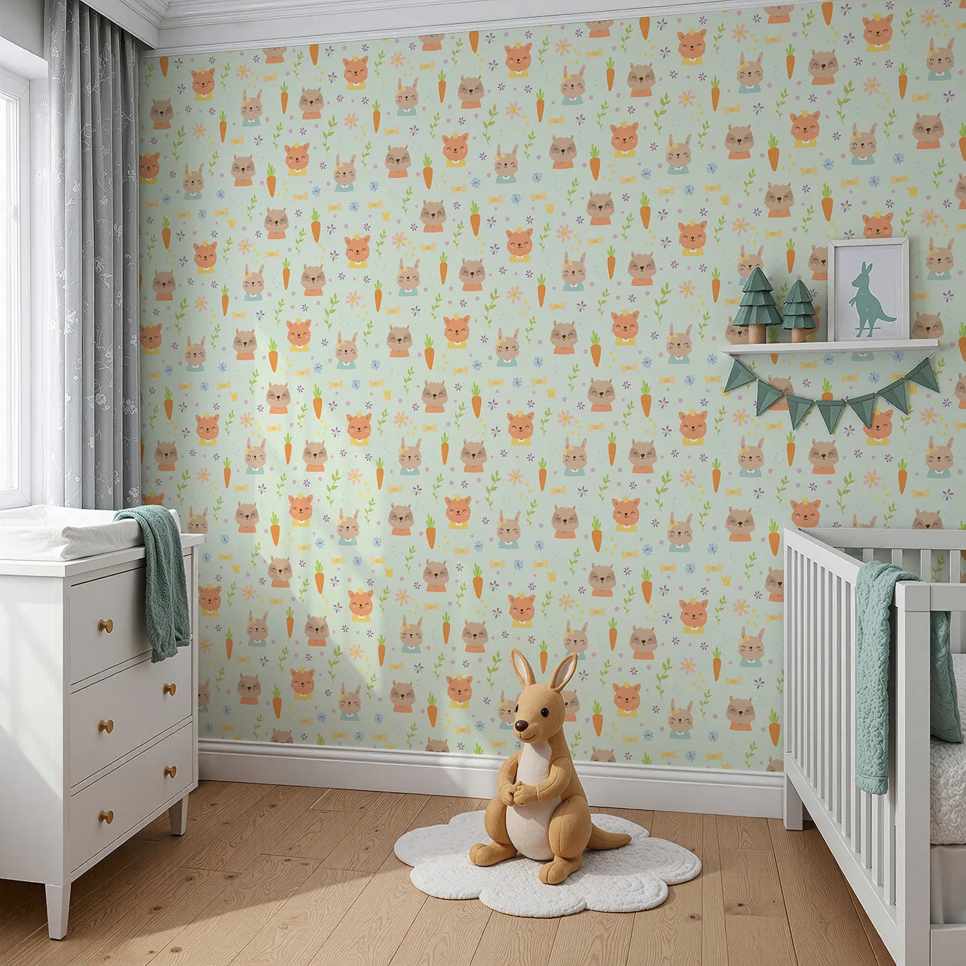 Angled view of Whimsy Tots' Meadow Crown Friends Wallpaper in Mint Green (W3168C).Woodland royalty plays among carrots, crowns, and minty green cheer.