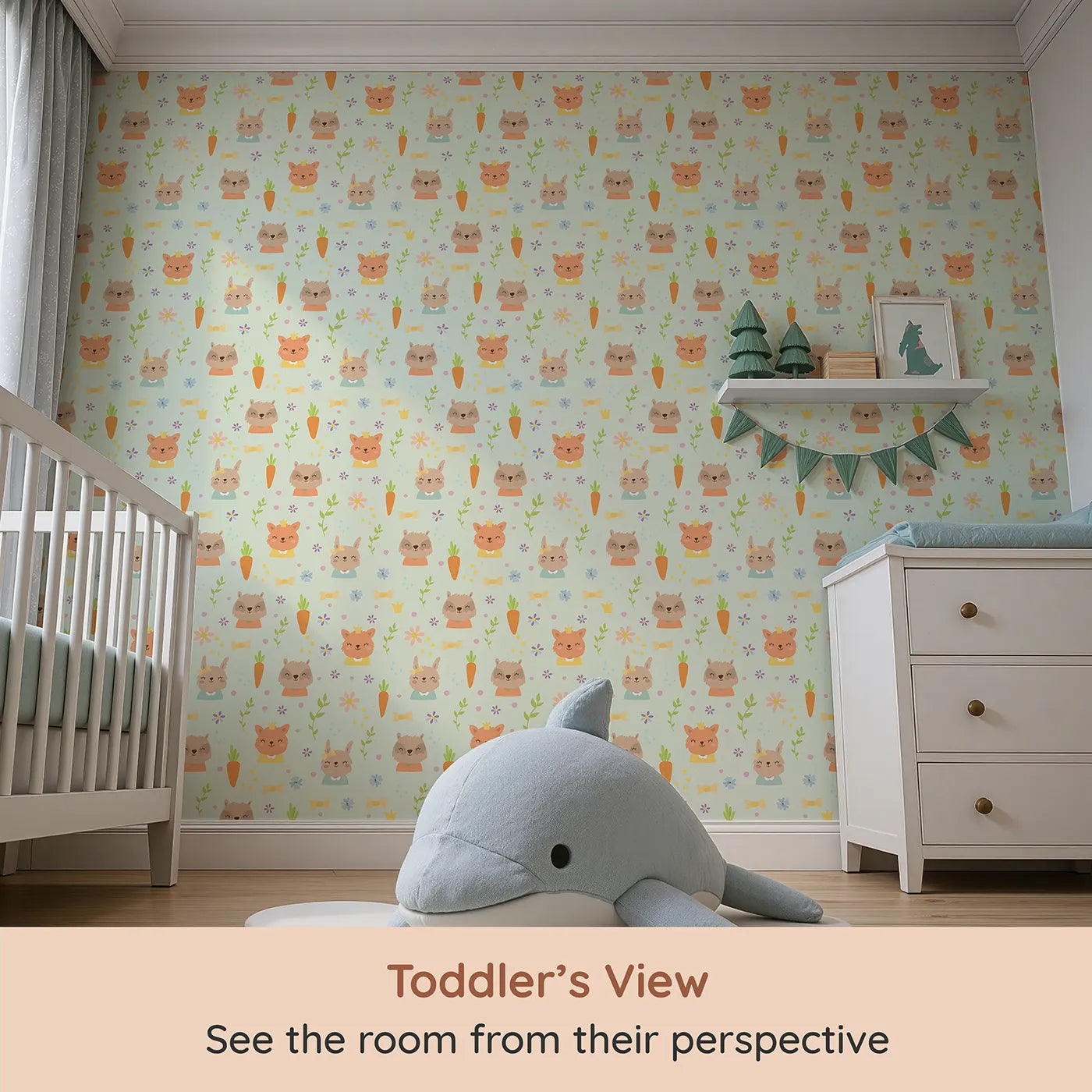 Whimsy Tots Meadow Crown Friends Wallpaper in Mint Green (W3168C) from your child's view.Woodland royalty plays among carrots, crowns, and minty green cheer.