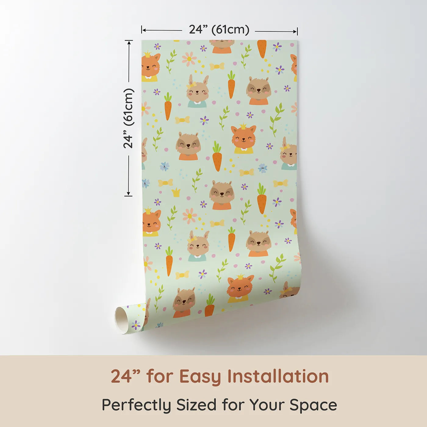 Dimension view of Whimsy Tots Meadow Crown Friends Wallpaper in Mint Green (W3168C). Printed in 24-inch-wide panel for easy installation. Woodland royalty plays among carrots, crowns, and minty green cheer.