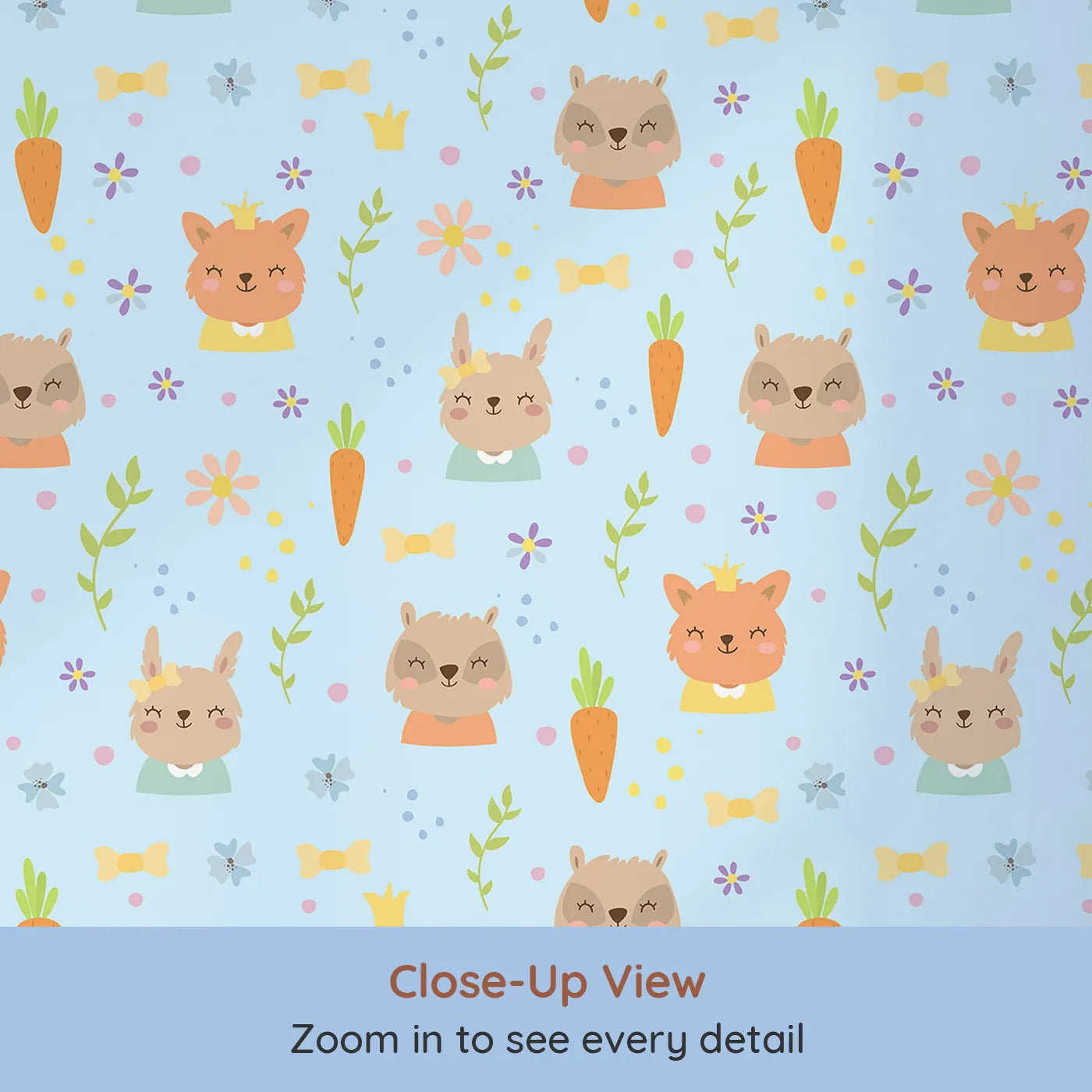 Close-up view of Whimsy Tots' Meadow Crown Friends Wallpaper in Blue (W3168D).Royal forest friends bloom under a cheerful blue sky.