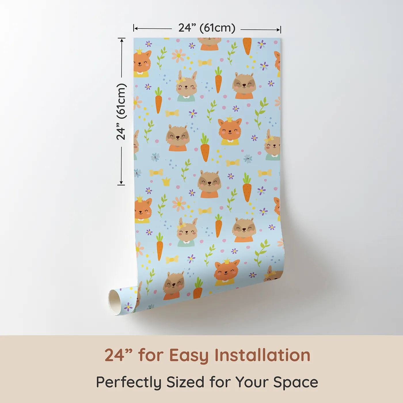 Dimension view of Whimsy Tots Meadow Crown Friends Wallpaper in Blue (W3168D). Printed in 24-inch-wide panel for easy installation. Royal forest friends bloom under a cheerful blue sky.