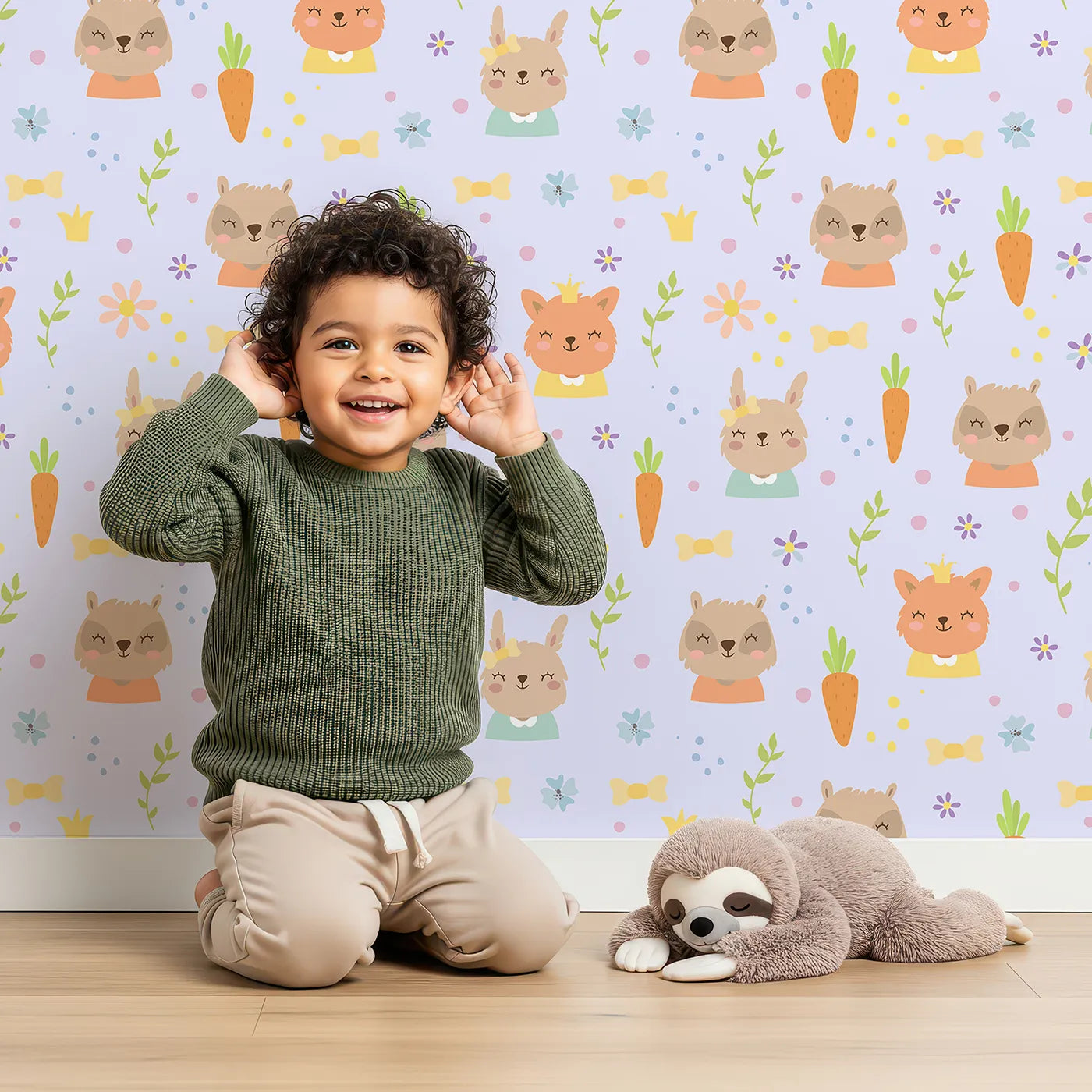 Lovely child standing in front of Whimsy Tots Meadow Crown Friends Wallpaper in Lavender with fox, rabbit, bear, flower, carrot, crown, bow in design.