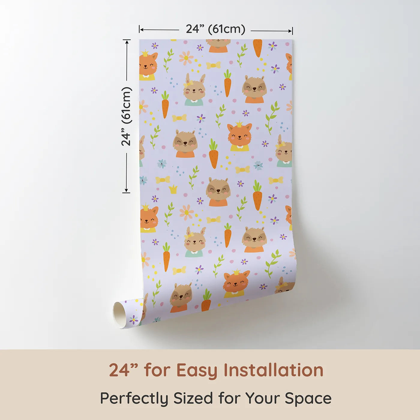 Dimension view of Whimsy Tots Meadow Crown Friends Wallpaper in Lavender (W3168E). Printed in 24-inch-wide panel for easy installation. Cuddly woodland royals play in a lavender dream of petals and giggles.