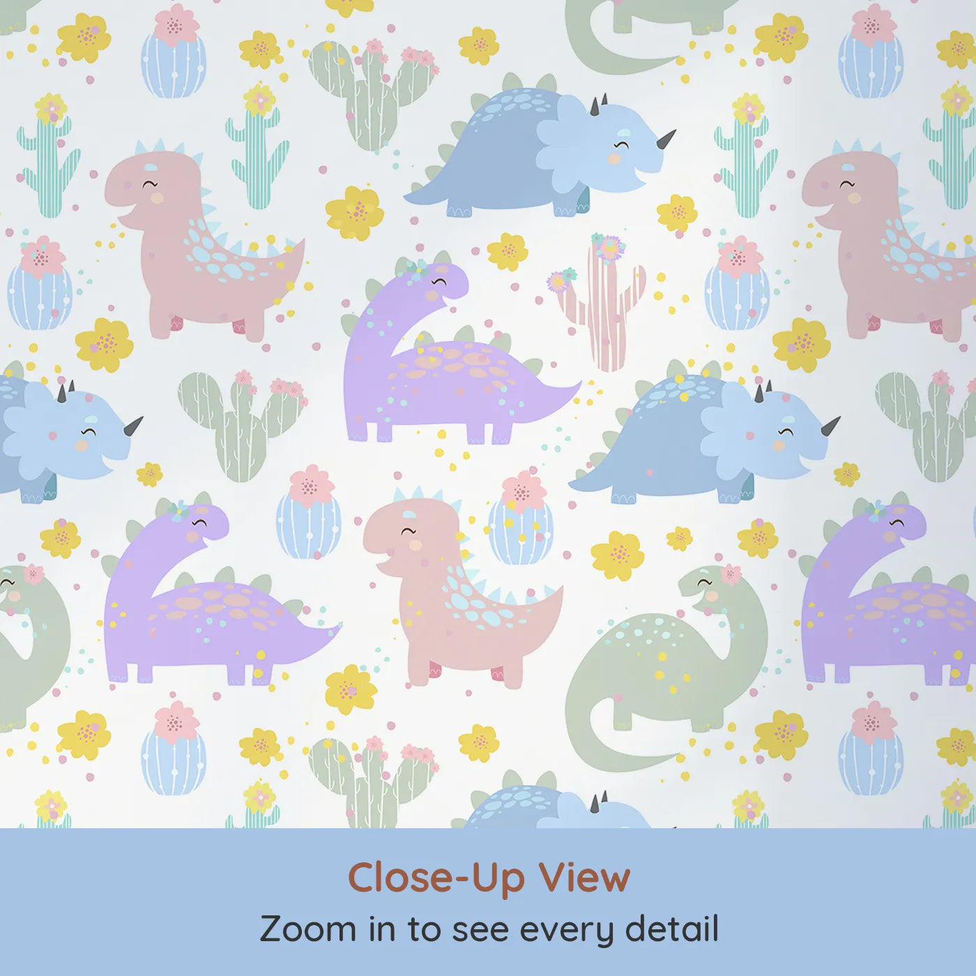 Close-up view of Whimsy Tots' Cactus Dino Parade Wallpaper in White (W3169A).Smiling dinos and desert blooms bring joy to every little explorer.
