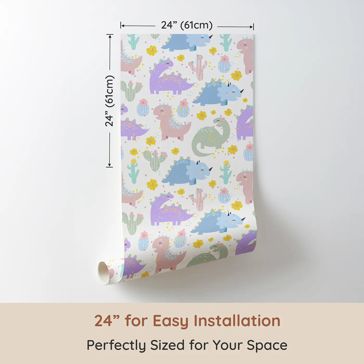 Dimension view of Whimsy Tots Cactus Dino Parade Wallpaper in White (W3169A). Printed in 24-inch-wide panel for easy installation. Smiling dinos and desert blooms bring joy to every little explorer.