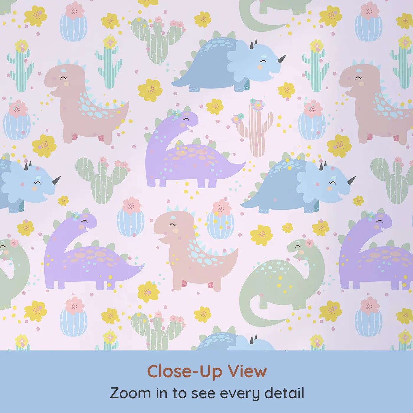 Close-up view of Whimsy Tots' Cactus Dino Parade Wallpaper in Blush Pink (W3169B).Pastel dinos and blooming cacti play softly on a blush pink sky.