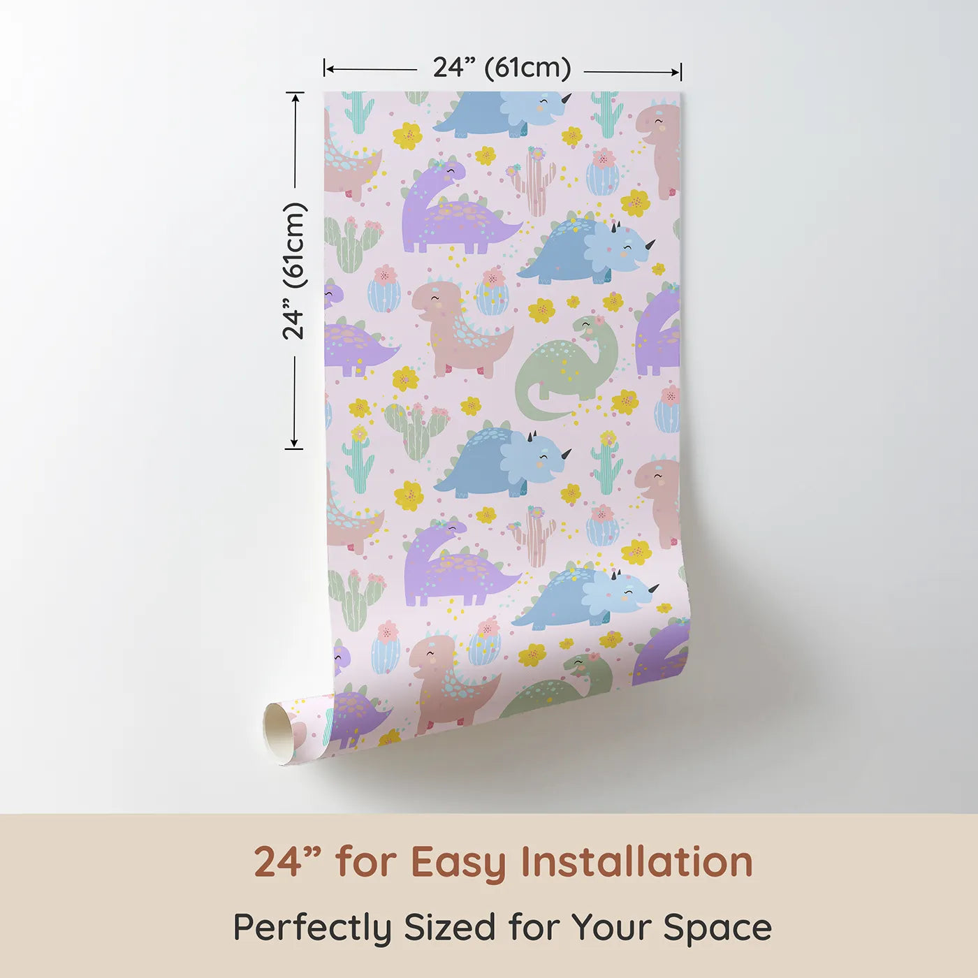 Dimension view of Whimsy Tots Cactus Dino Parade Wallpaper in Blush Pink (W3169B). Printed in 24-inch-wide panel for easy installation. Pastel dinos and blooming cacti play softly on a blush pink sky.