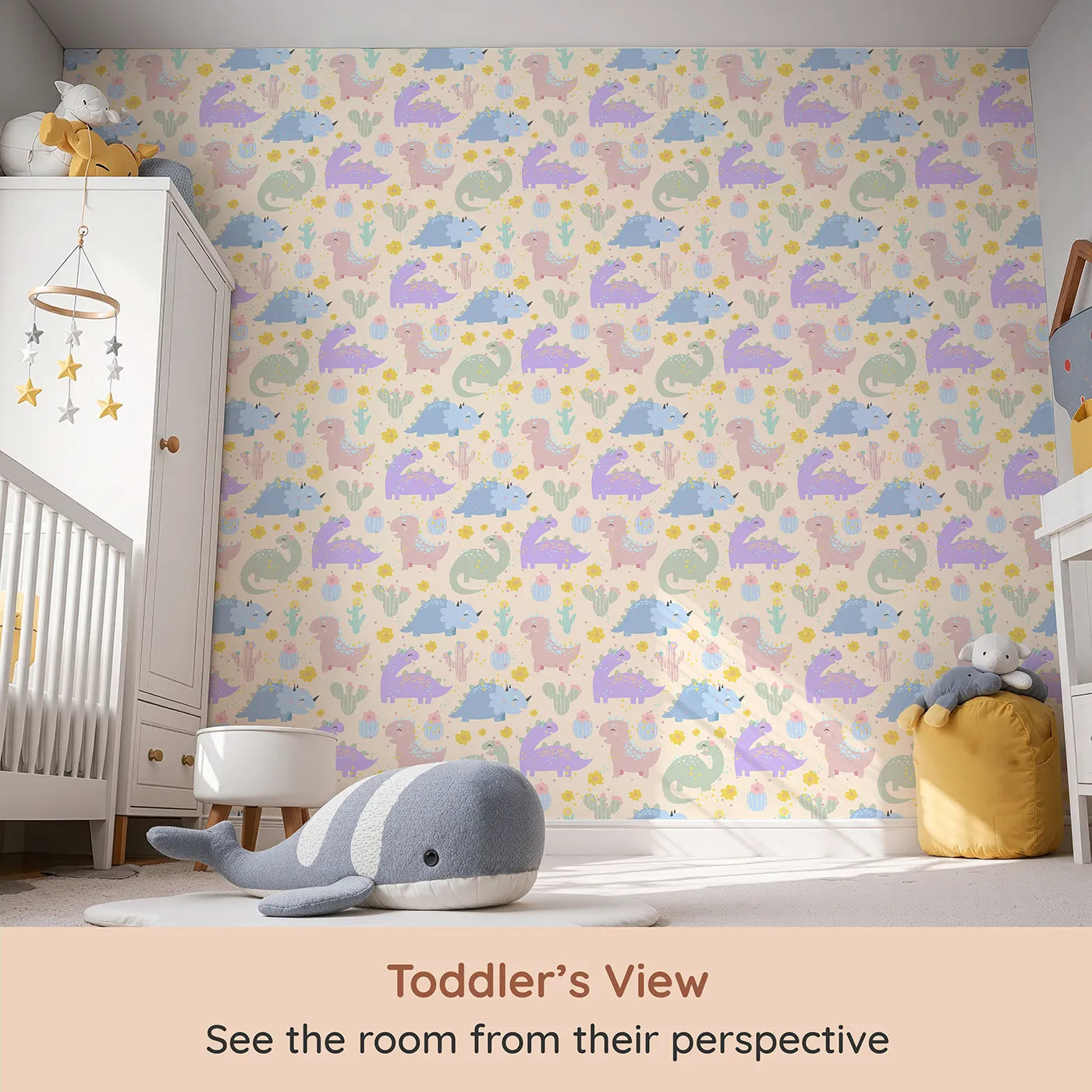 Whimsy Tots Cactus Dino Parade Wallpaper in Cream (W3169C) from your child's view.A dino dreamland blooms on a soft cream canvas.