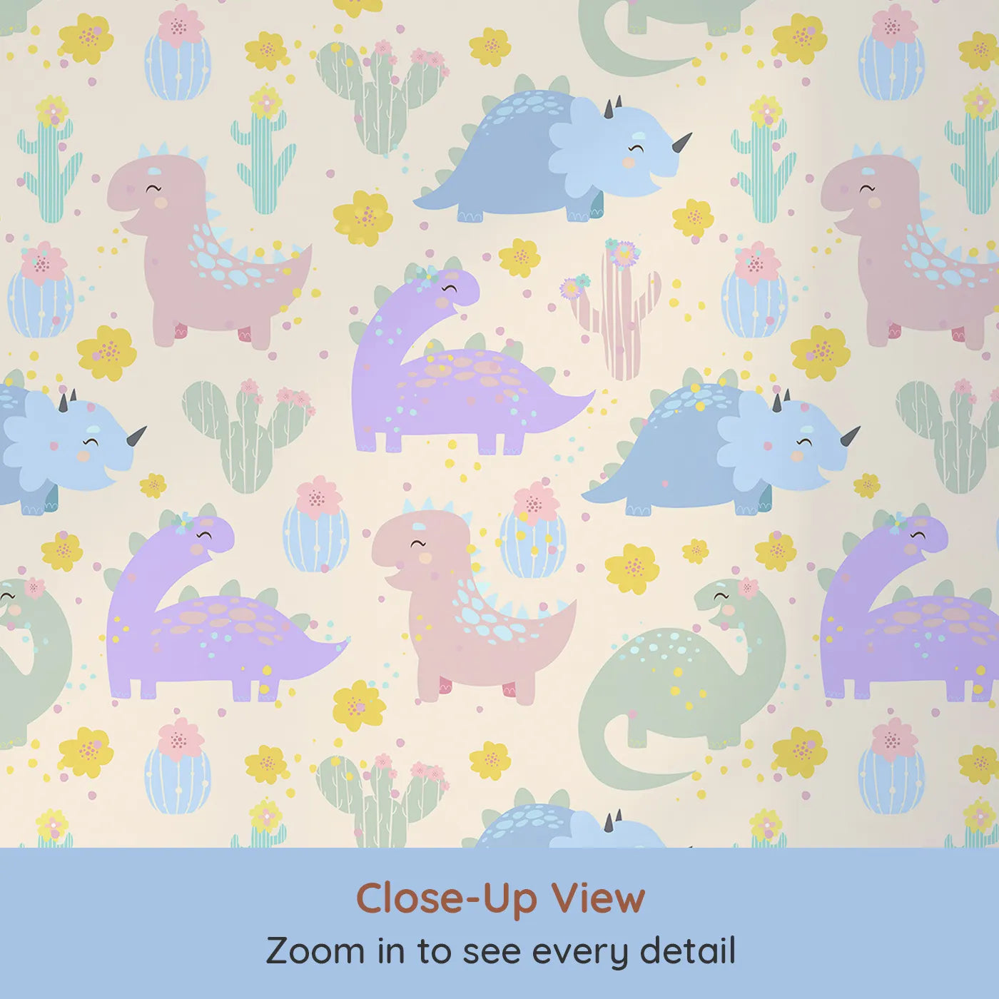 Close-up view of Whimsy Tots' Cactus Dino Parade Wallpaper in Cream (W3169C).A dino dreamland blooms on a soft cream canvas.
