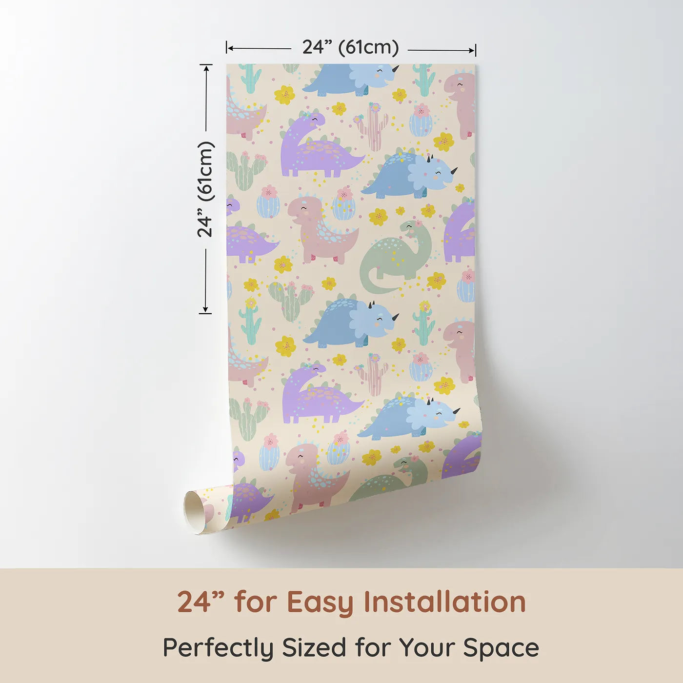 Dimension view of Whimsy Tots Cactus Dino Parade Wallpaper in Cream (W3169C). Printed in 24-inch-wide panel for easy installation. A dino dreamland blooms on a soft cream canvas.