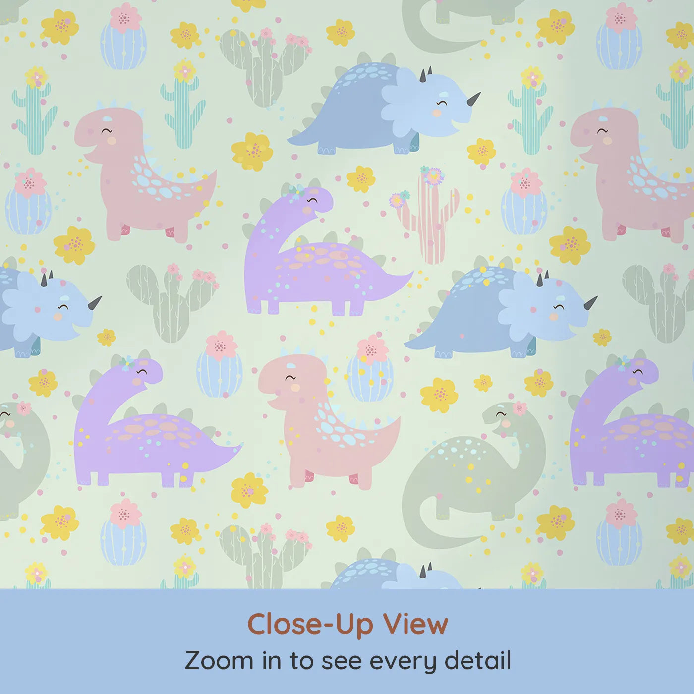 Close-up view of Whimsy Tots' Cactus Dino Parade Wallpaper in Mint Green (W3169D).Soft-colored dinos bloom across a minty desert of dreams.