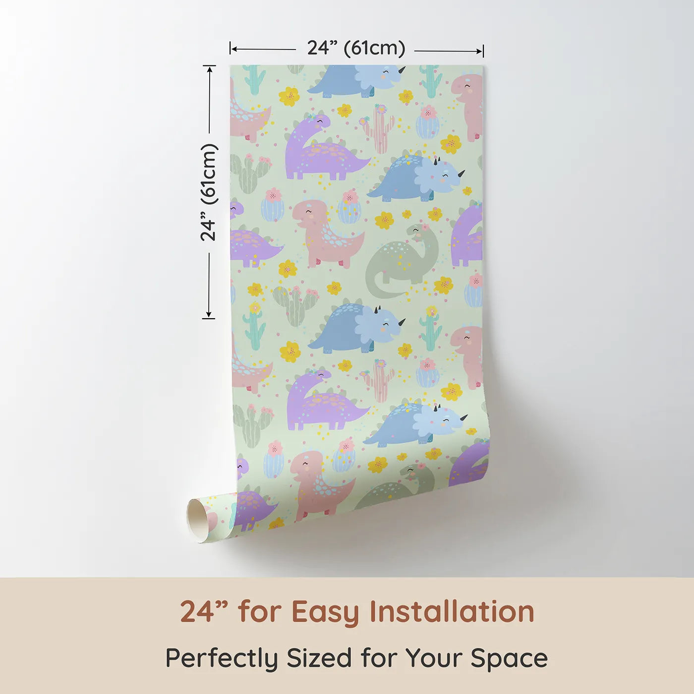 Dimension view of Whimsy Tots Cactus Dino Parade Wallpaper in Mint Green (W3169D). Printed in 24-inch-wide panel for easy installation. Soft-colored dinos bloom across a minty desert of dreams.