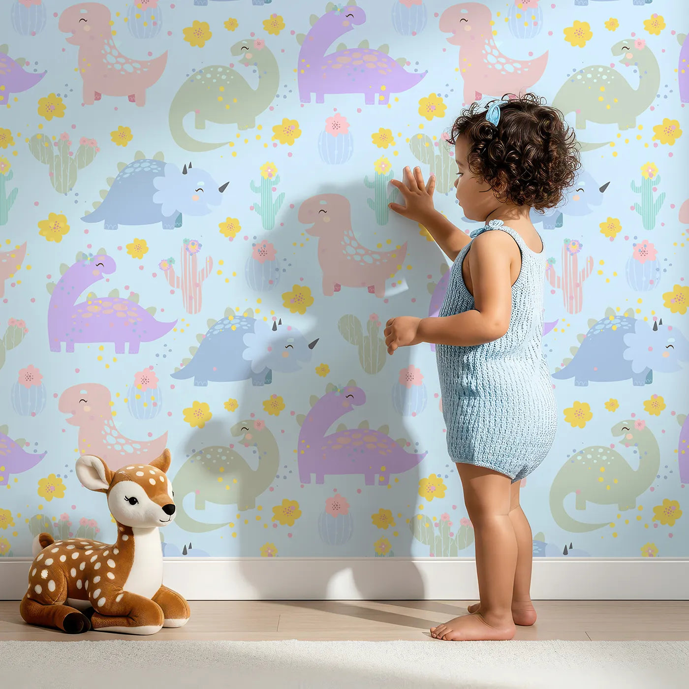 Lovely child standing in front of Whimsy Tots Cactus Dino Parade Wallpaper in Blue with dinosaur, cactus, flower in design.