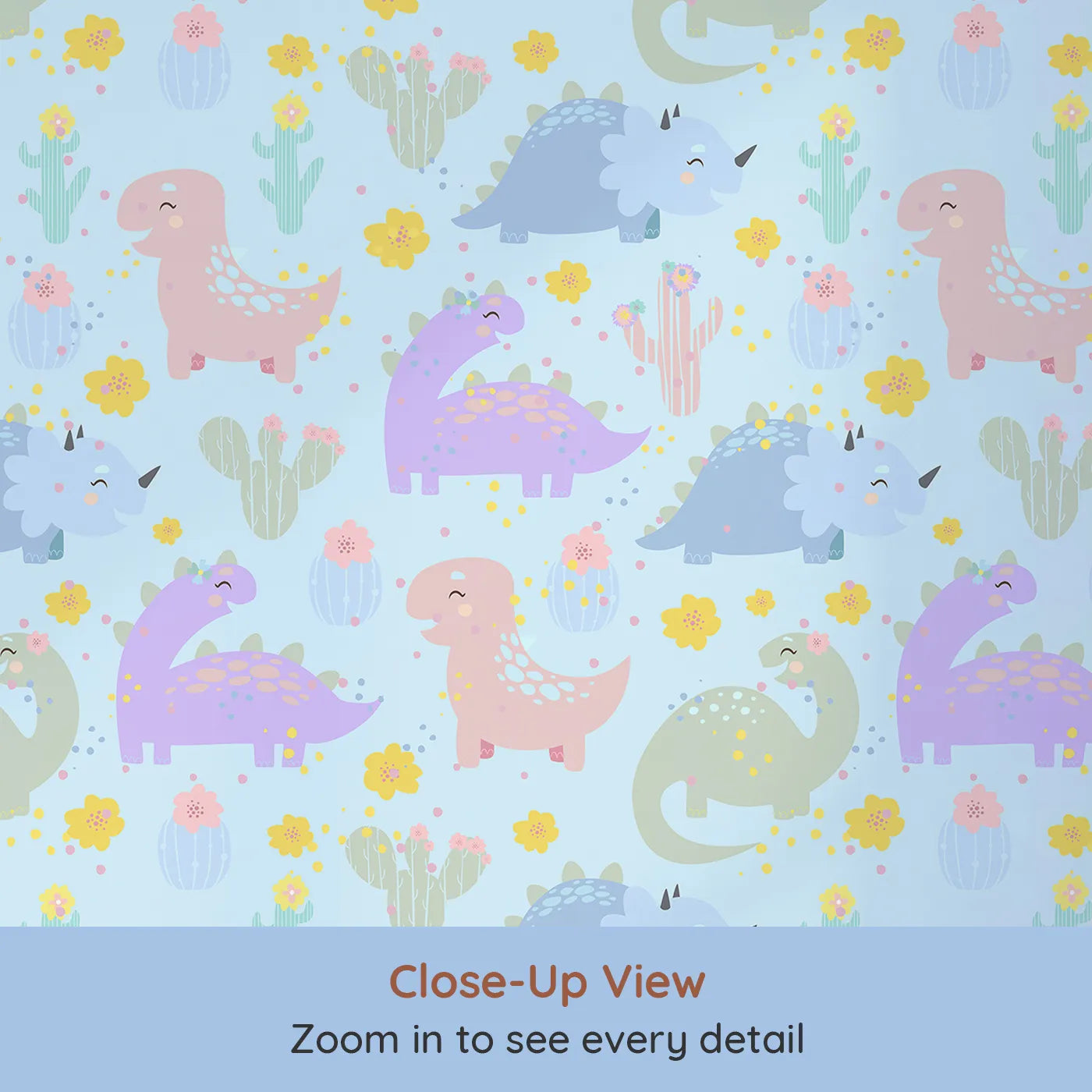 Close-up view of Whimsy Tots' Cactus Dino Parade Wallpaper in Blue (W3169E).Happy dinos bloom in a pastel-blue cactus dream.