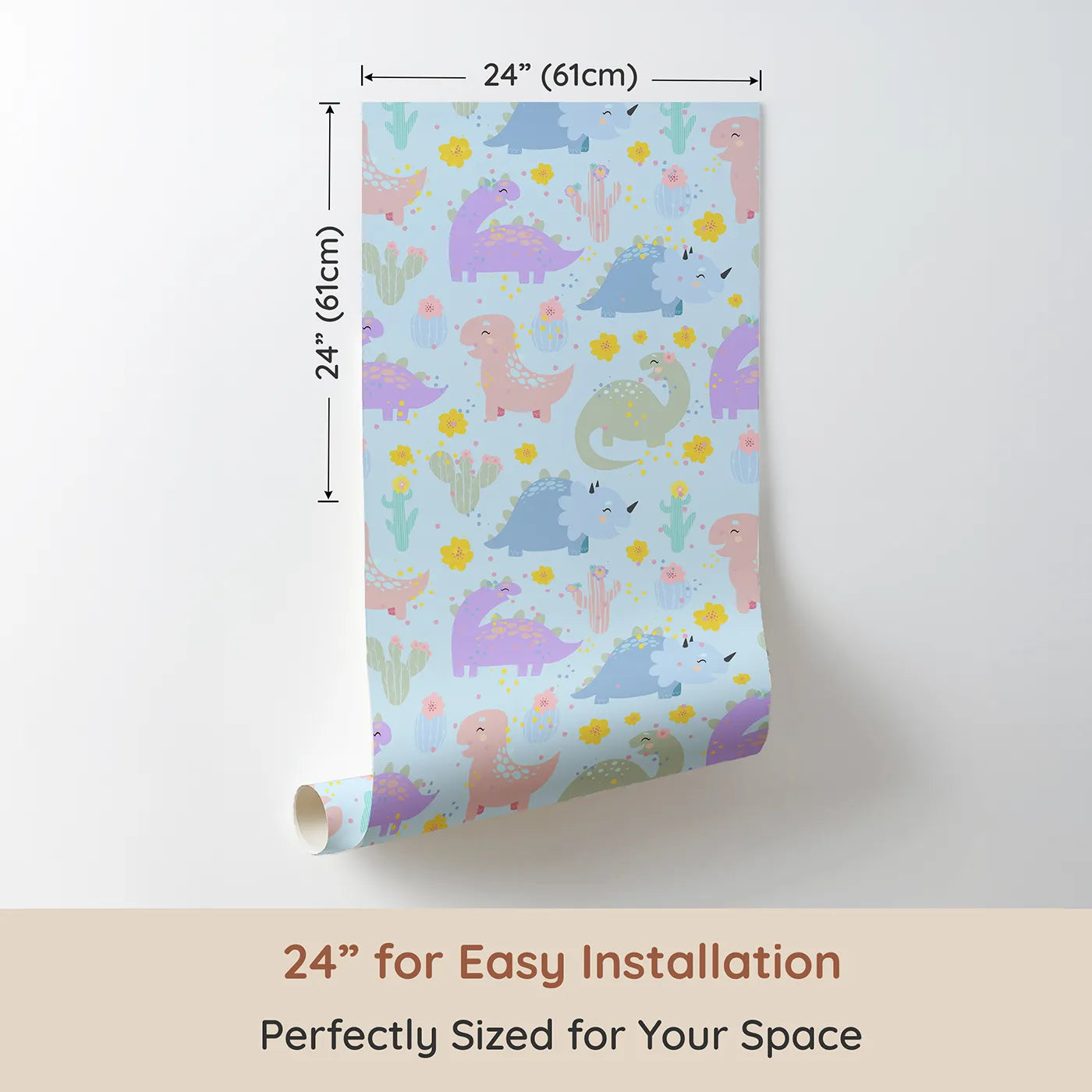 Dimension view of Whimsy Tots Cactus Dino Parade Wallpaper in Blue (W3169E). Printed in 24-inch-wide panel for easy installation. Happy dinos bloom in a pastel-blue cactus dream.