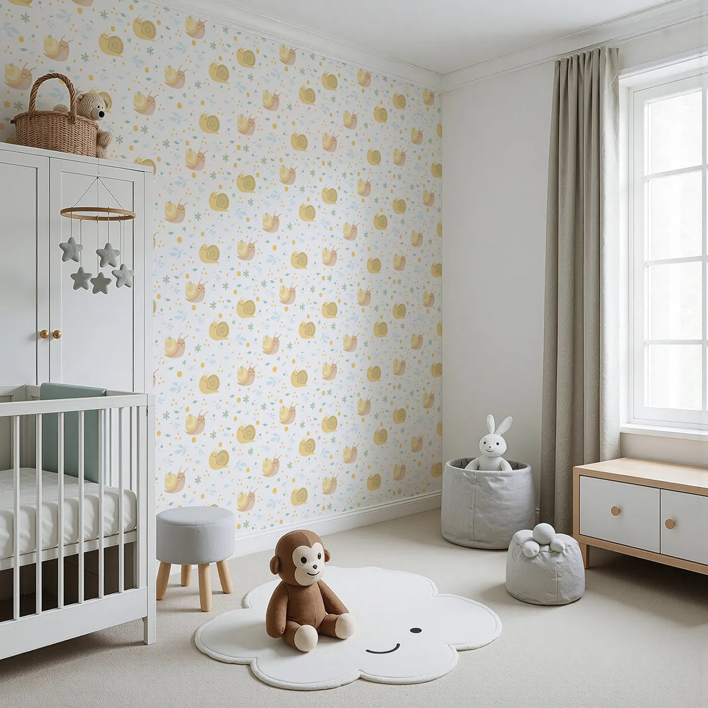 Angled view of Whimsy Tots' Snail Meadow Cuddle Parade Wallpaper in White (W3170A).Smiling snails and soft petals create a peaceful hideaway.