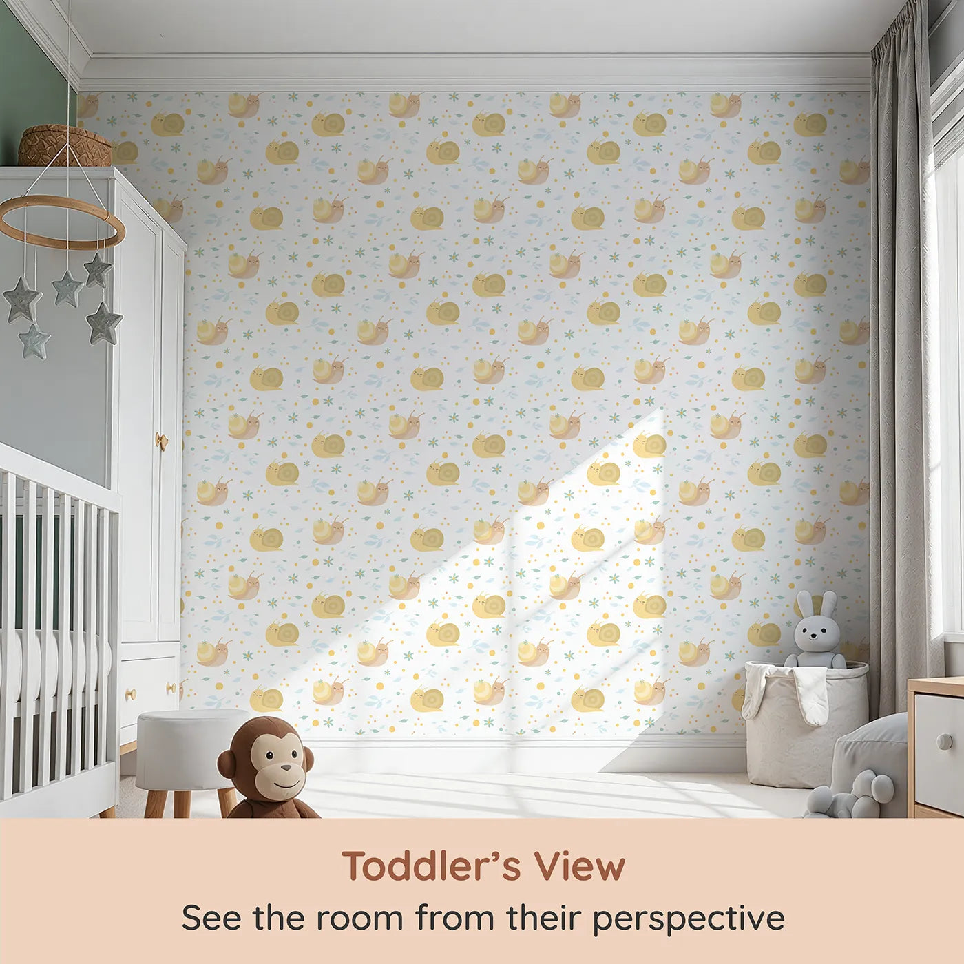 Whimsy Tots Snail Meadow Cuddle Parade Wallpaper in White (W3170A) from your child's view.Smiling snails and soft petals create a peaceful hideaway.