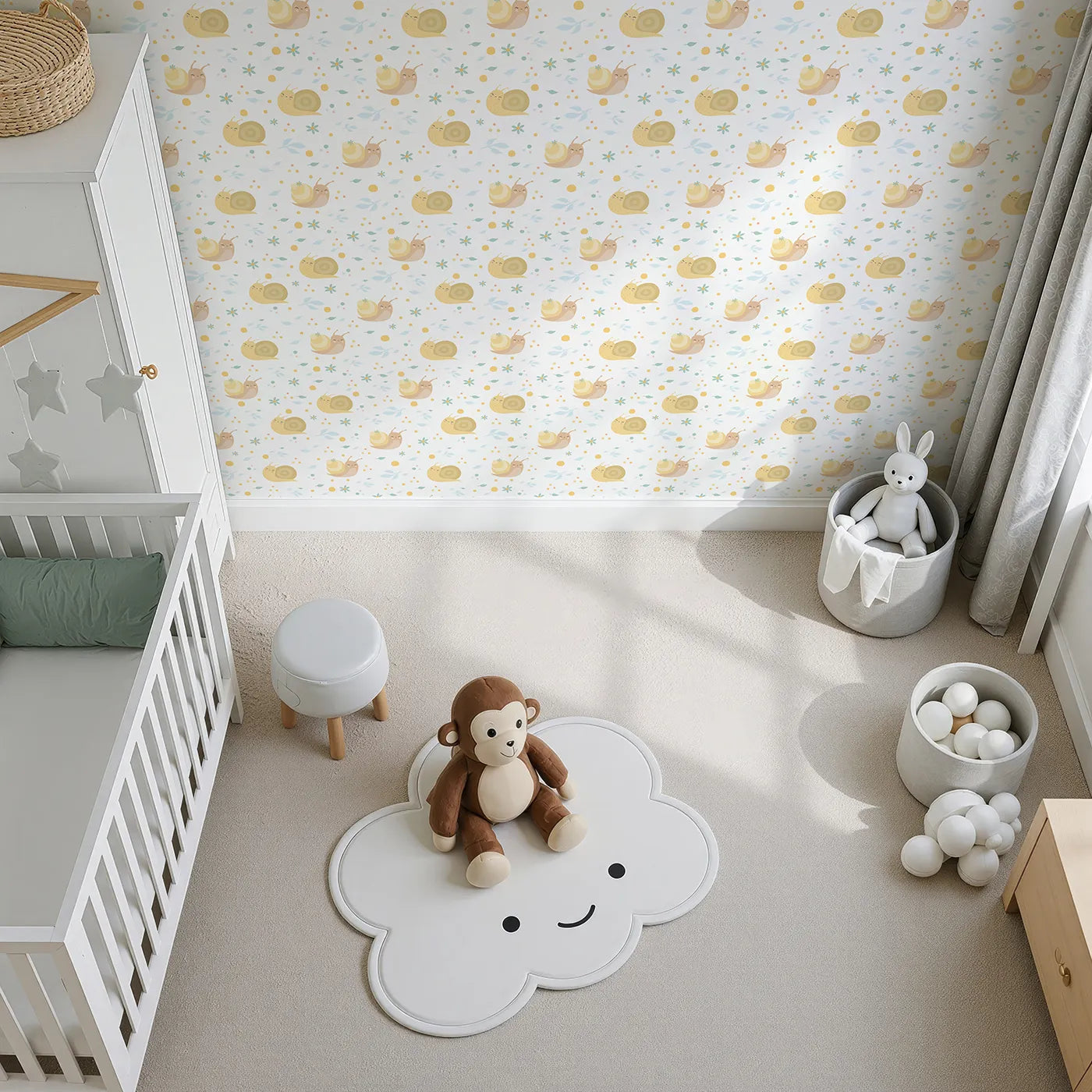Top-Down view of Whimsy Tots' Snail Meadow Cuddle Parade Wallpaper in White (W3170A).Smiling snails and soft petals create a peaceful hideaway.