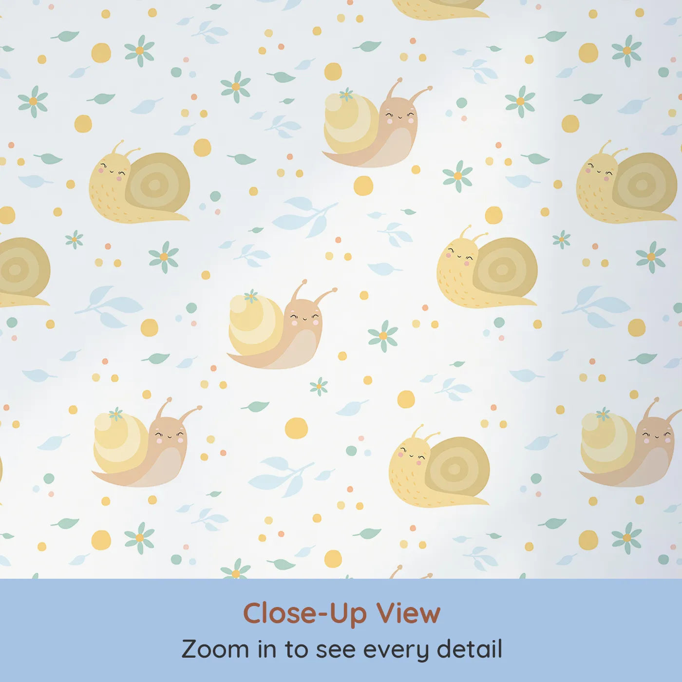 Close-up view of Whimsy Tots' Snail Meadow Cuddle Parade Wallpaper in White (W3170A).Smiling snails and soft petals create a peaceful hideaway.