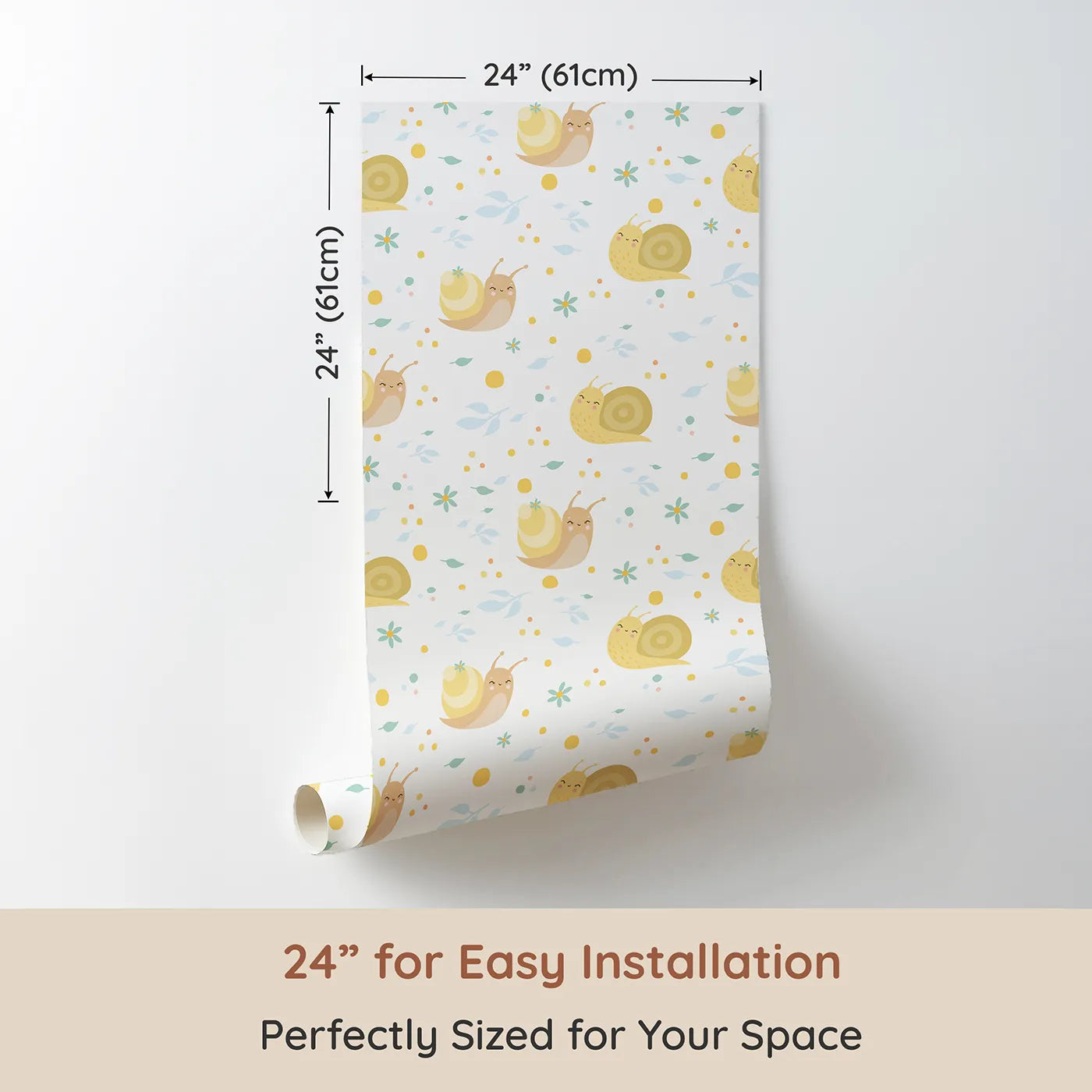 Dimension view of Whimsy Tots Snail Meadow Cuddle Parade Wallpaper in White (W3170A). Printed in 24-inch-wide panel for easy installation. Smiling snails and soft petals create a peaceful hideaway.