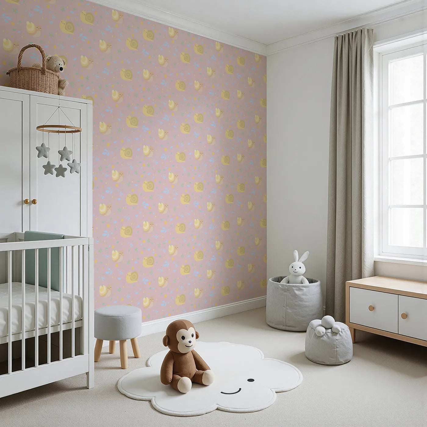Angled view of Whimsy Tots' Snail Meadow Cuddle Parade Wallpaper in Blush Pink (W3170B).Smiling snails and pastel petals drift across a gentle blush sky.