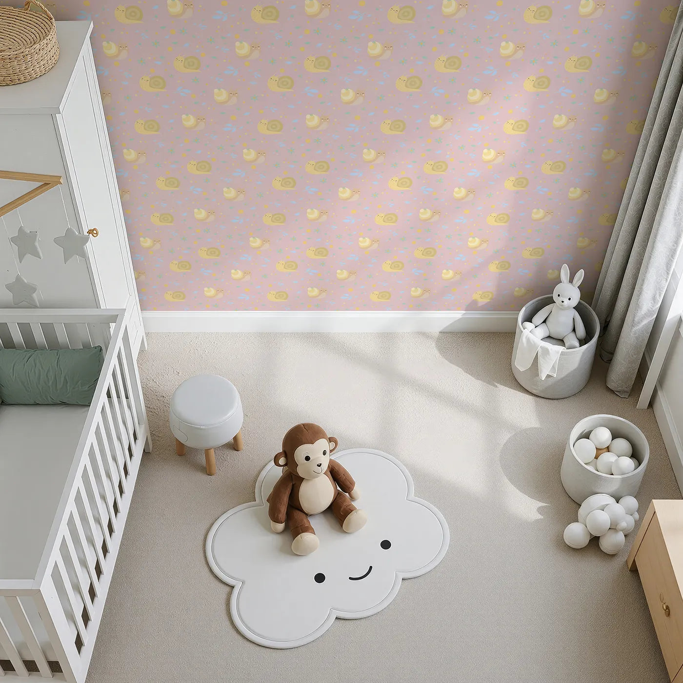 Top-Down view of Whimsy Tots' Snail Meadow Cuddle Parade Wallpaper in Blush Pink (W3170B).Smiling snails and pastel petals drift across a gentle blush sky.