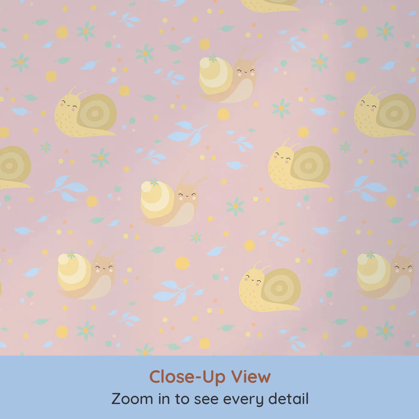 Close-up view of Whimsy Tots' Snail Meadow Cuddle Parade Wallpaper in Blush Pink (W3170B).Smiling snails and pastel petals drift across a gentle blush sky.