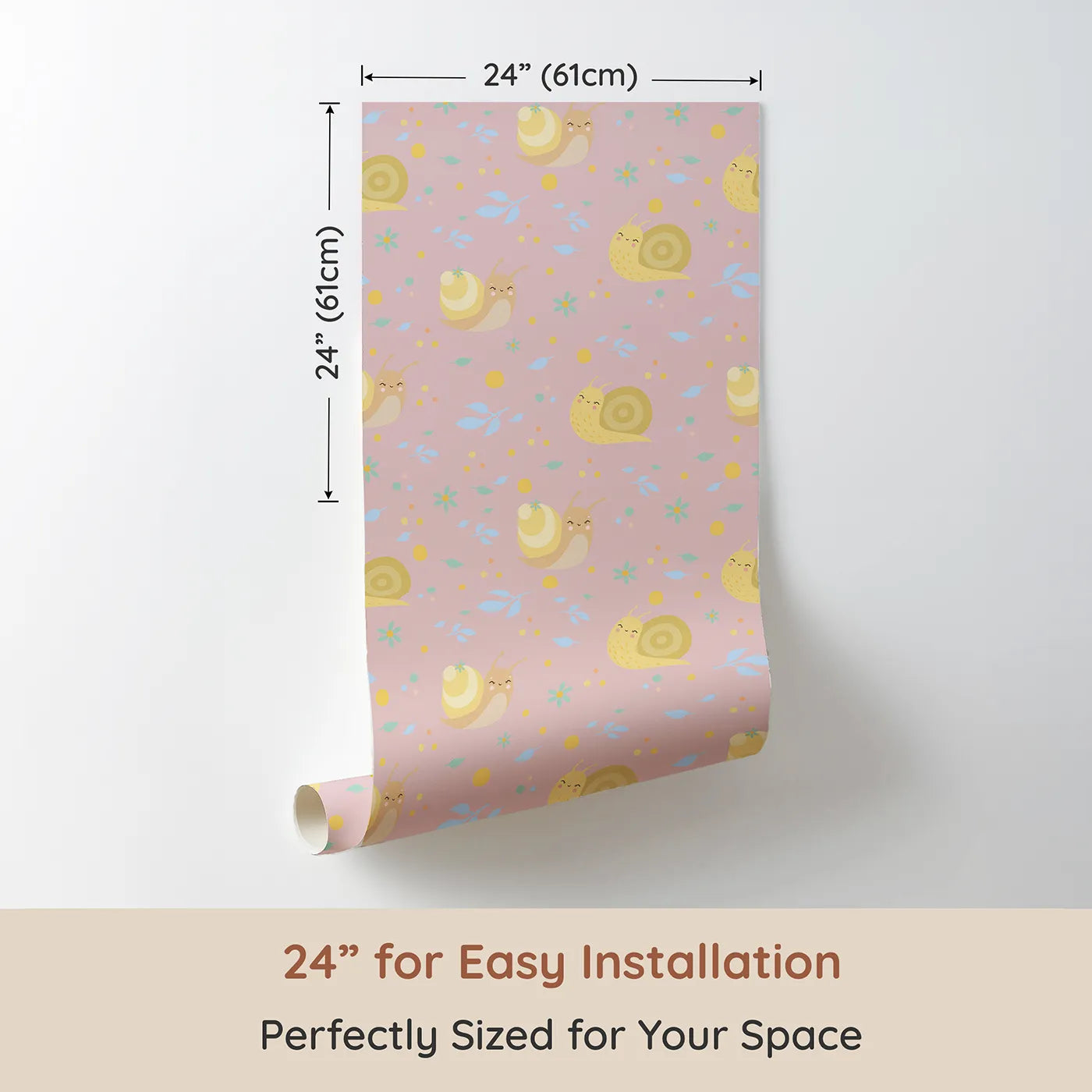 Dimension view of Whimsy Tots Snail Meadow Cuddle Parade Wallpaper in Blush Pink (W3170B). Printed in 24-inch-wide panel for easy installation. Smiling snails and pastel petals drift across a gentle blush sky.