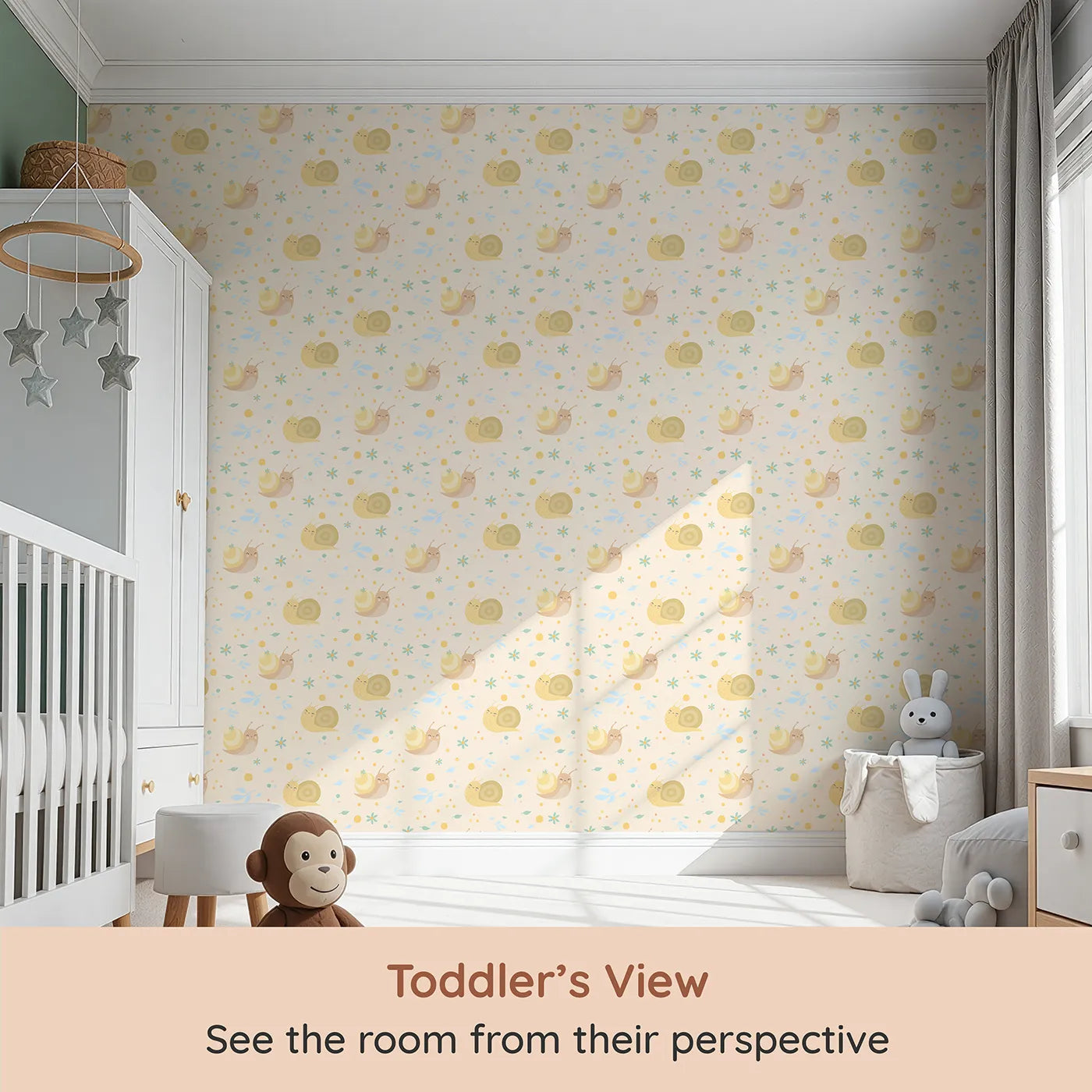 Whimsy Tots Snail Meadow Cuddle Parade Wallpaper in Cream (W3170C) from your child's view.Gentle snails and dreamy florals float across a buttery cream backdrop.