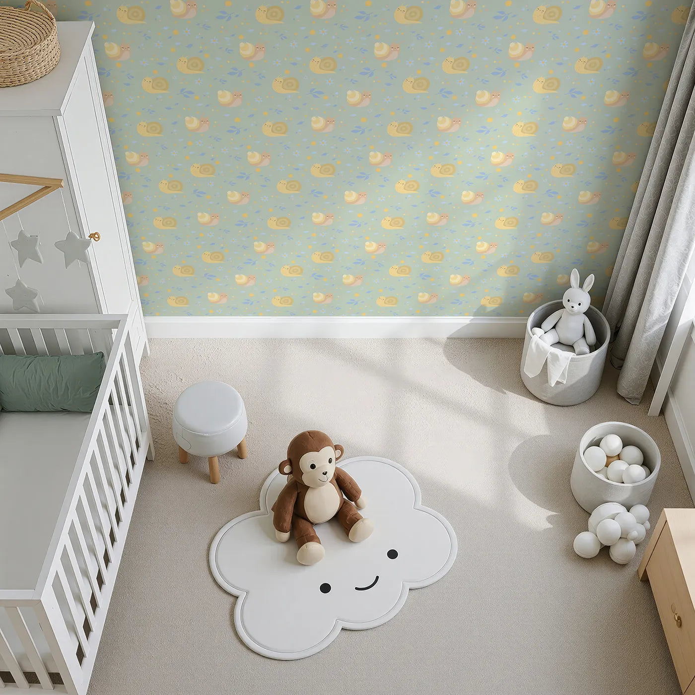 Top-Down view of Whimsy Tots' Snail Meadow Cuddle Parade Wallpaper in Sage Green (W3170D).Gentle snails and pastel petals wander across a peaceful sage meadow.