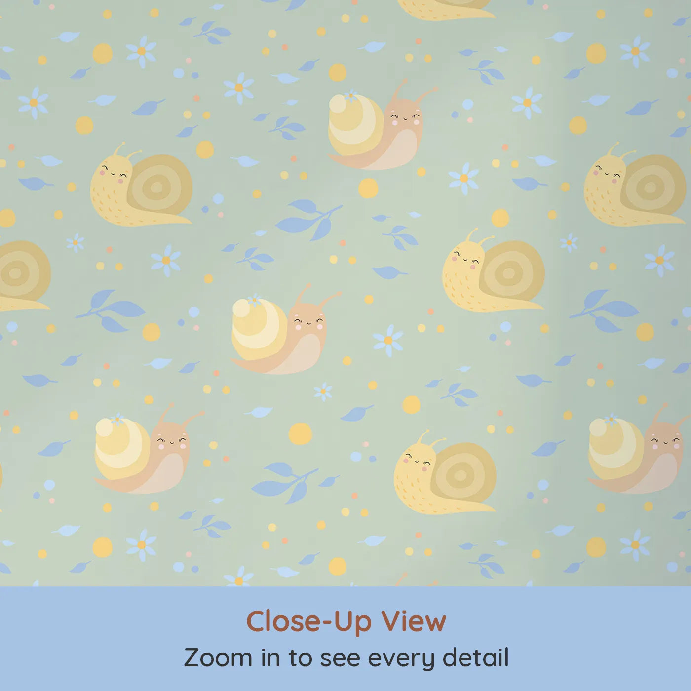 Close-up view of Whimsy Tots' Snail Meadow Cuddle Parade Wallpaper in Sage Green (W3170D).Gentle snails and pastel petals wander across a peaceful sage meadow.