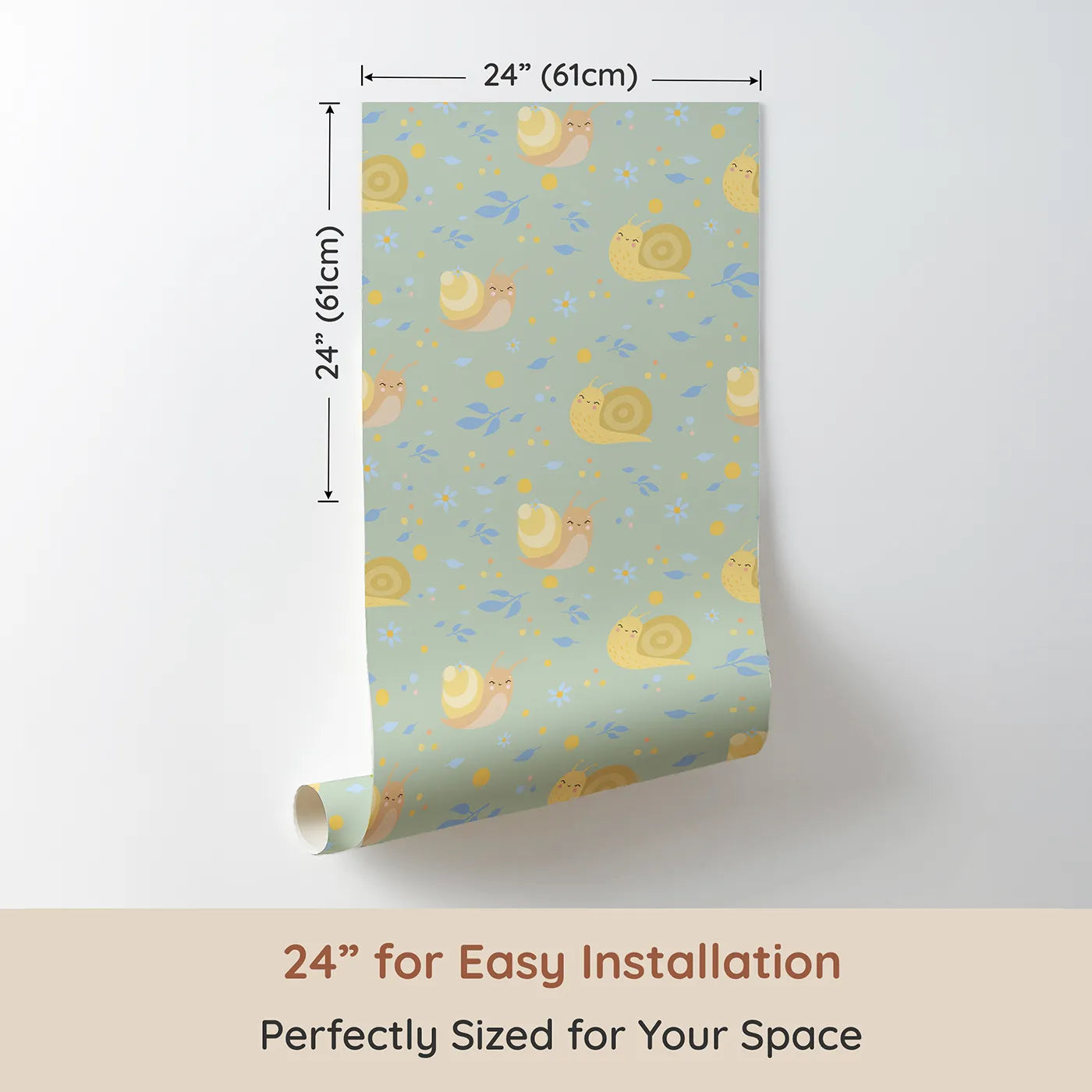 Dimension view of Whimsy Tots Snail Meadow Cuddle Parade Wallpaper in Sage Green (W3170D). Printed in 24-inch-wide panel for easy installation. Gentle snails and pastel petals wander across a peaceful sage meadow.