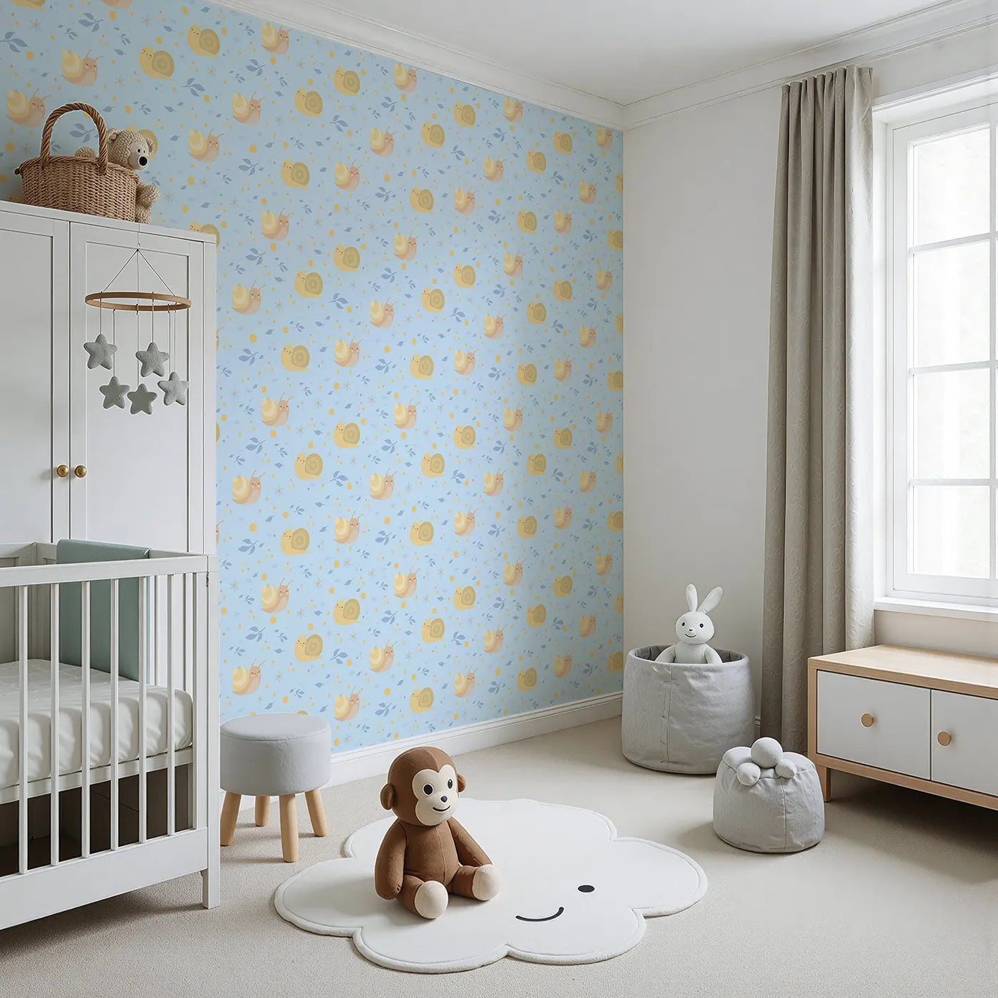 Angled view of Whimsy Tots' Snail Meadow Cuddle Parade Wallpaper in Sky Blue (W3170E).Cheerful snails float among flowers on a gentle blue breeze.